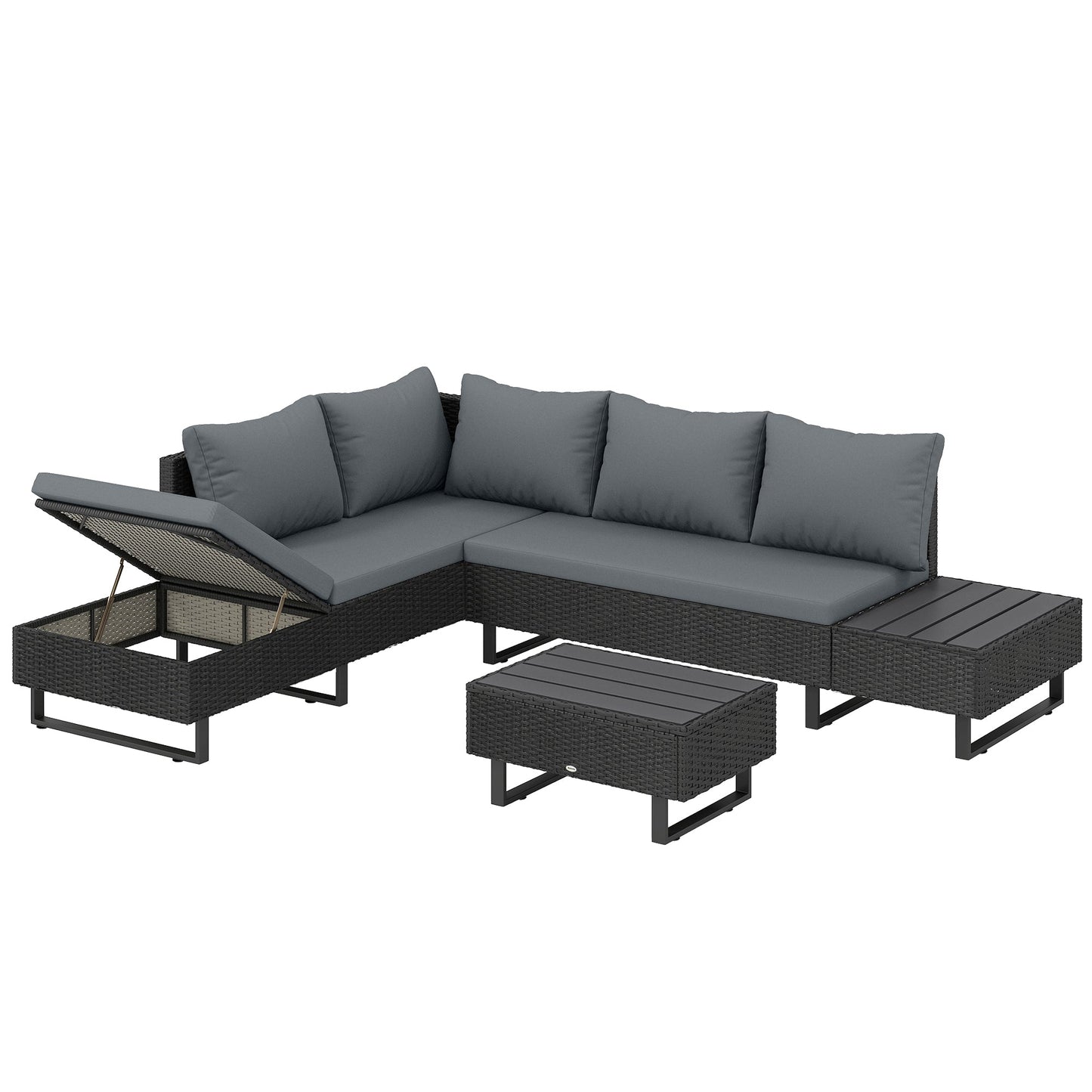 5 Seater Rattan Garden Furniture Set, Adjustable Back Corner Sofa Outdoor Lounge Set, Loveseat, Faux Wood Table, Cushions, L Shaped Patio Furniture Conversation Sets, Metal Frame, Dark Grey