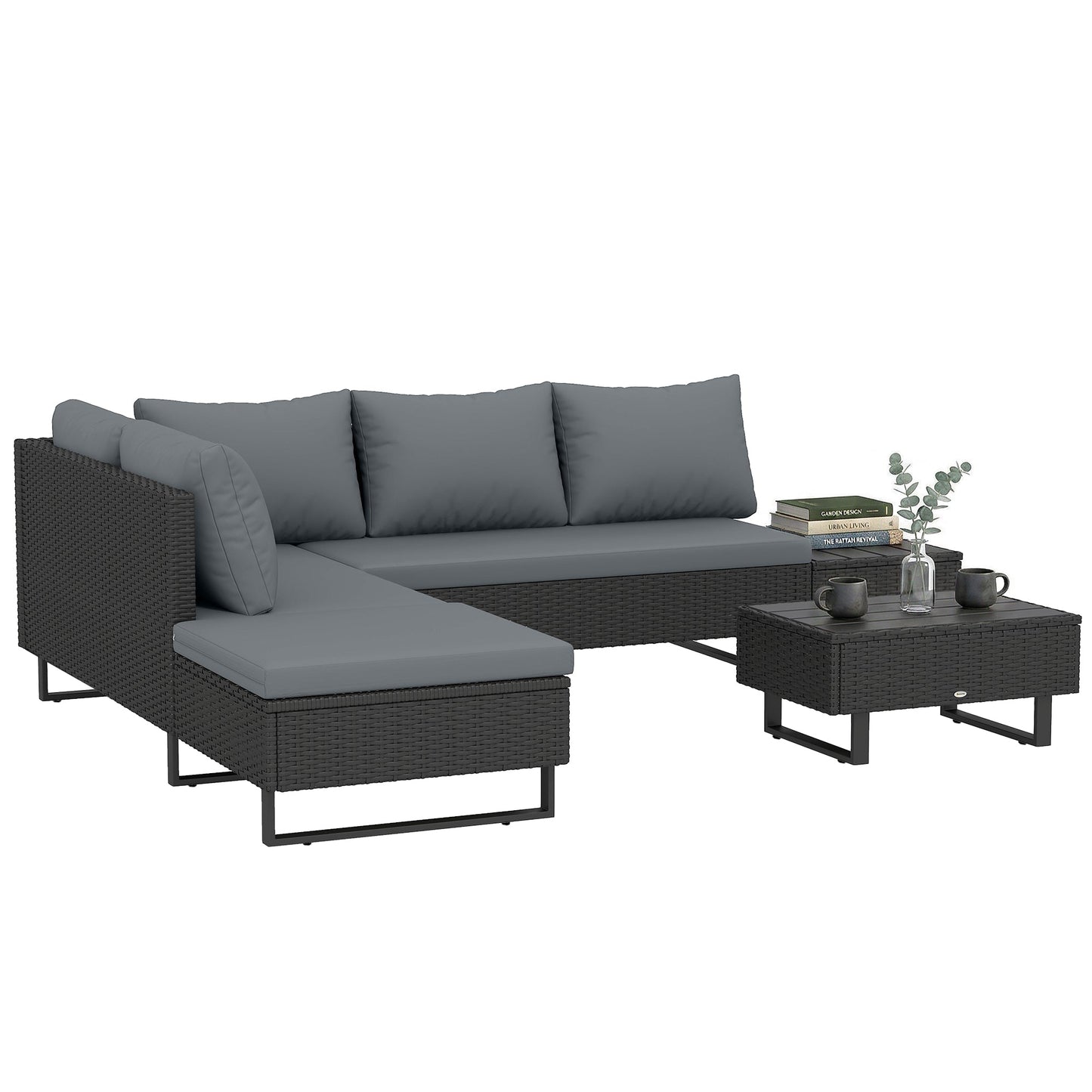 5 Seater Rattan Garden Furniture Set, Adjustable Back Corner Sofa Outdoor Lounge Set, Loveseat, Faux Wood Table, Cushions, L Shaped Patio Furniture Conversation Sets, Metal Frame, Dark Grey