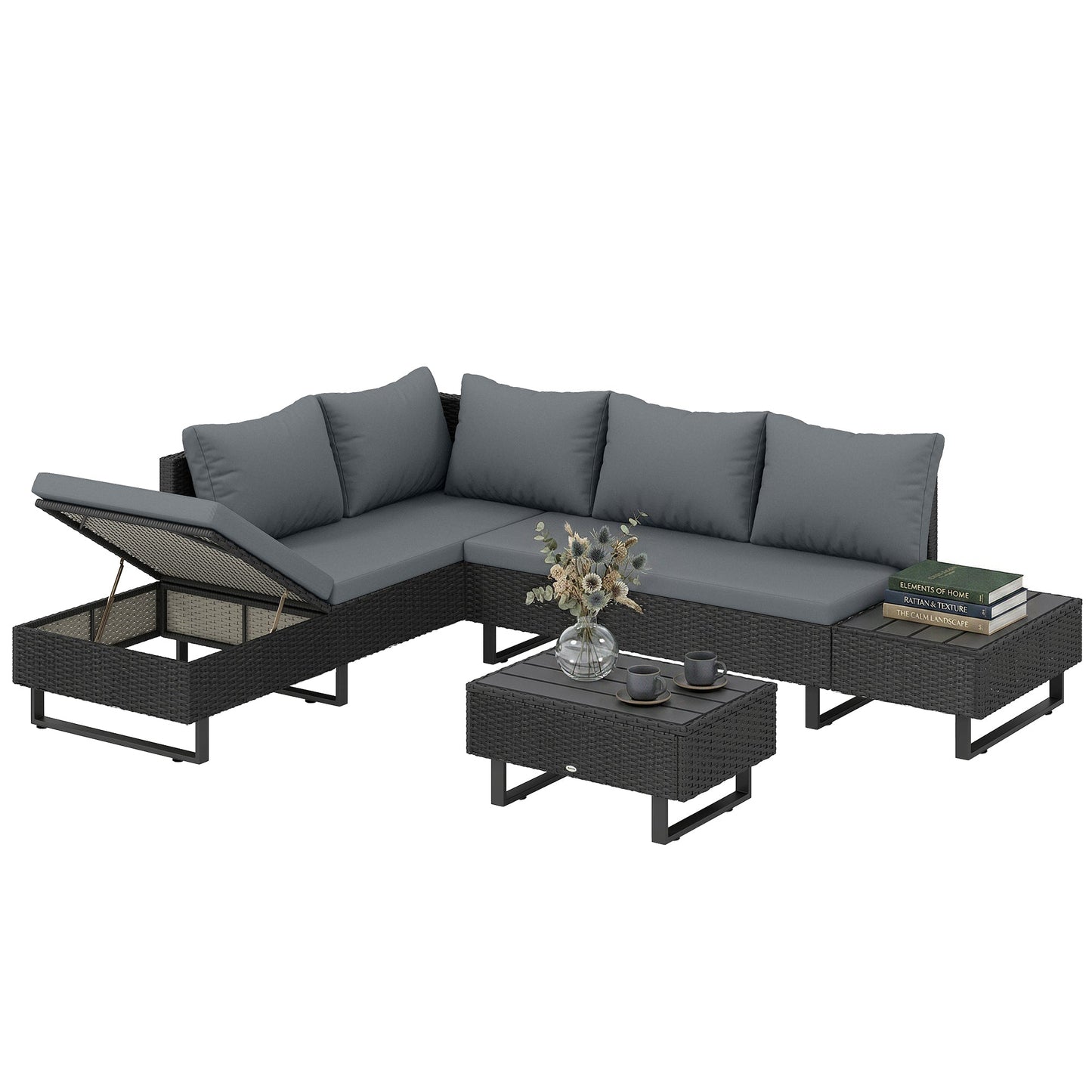 5 Seater Rattan Garden Furniture Set, Adjustable Back Corner Sofa Outdoor Lounge Set, Loveseat, Faux Wood Table, Cushions, L Shaped Patio Furniture Conversation Sets, Metal Frame, Dark Grey