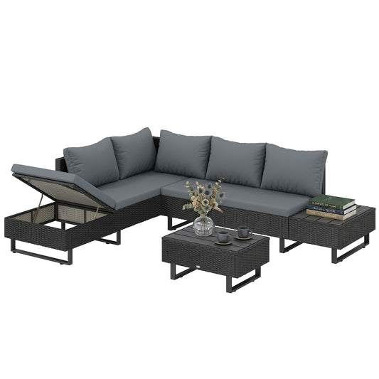 5 Seater Rattan Garden Furniture Set, Adjustable Back Corner Sofa Outdoor Lounge Set, Loveseat, Faux Wood Table, Cushions, L Shaped Patio Furniture Conversation Sets, Metal Frame, Dark Grey