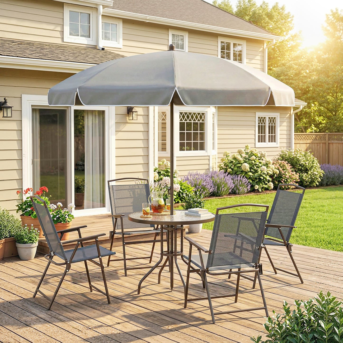 6 Piece Garden Dining Set with Umbrella, Patio Sets with Parasol, 4 Folding Dining Chairs & Round Tempered Glass Table, Dark Grey