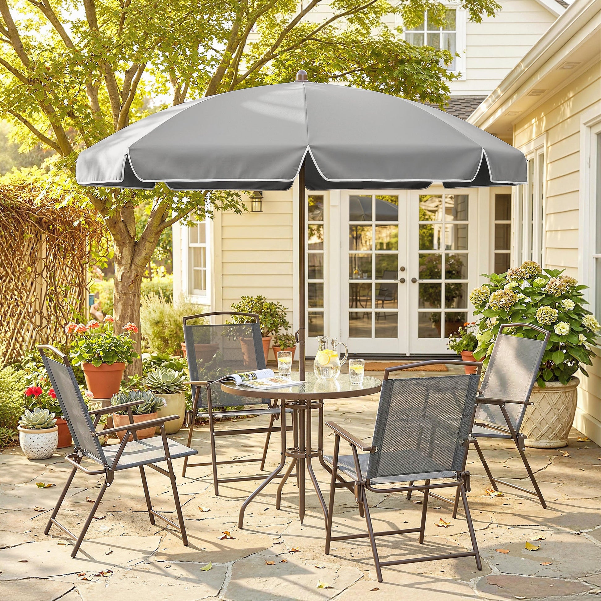 6 Piece Garden Dining Set with Umbrella, Patio Sets with Parasol, 4 Folding Dining Chairs & Round Tempered Glass Table, Dark Grey