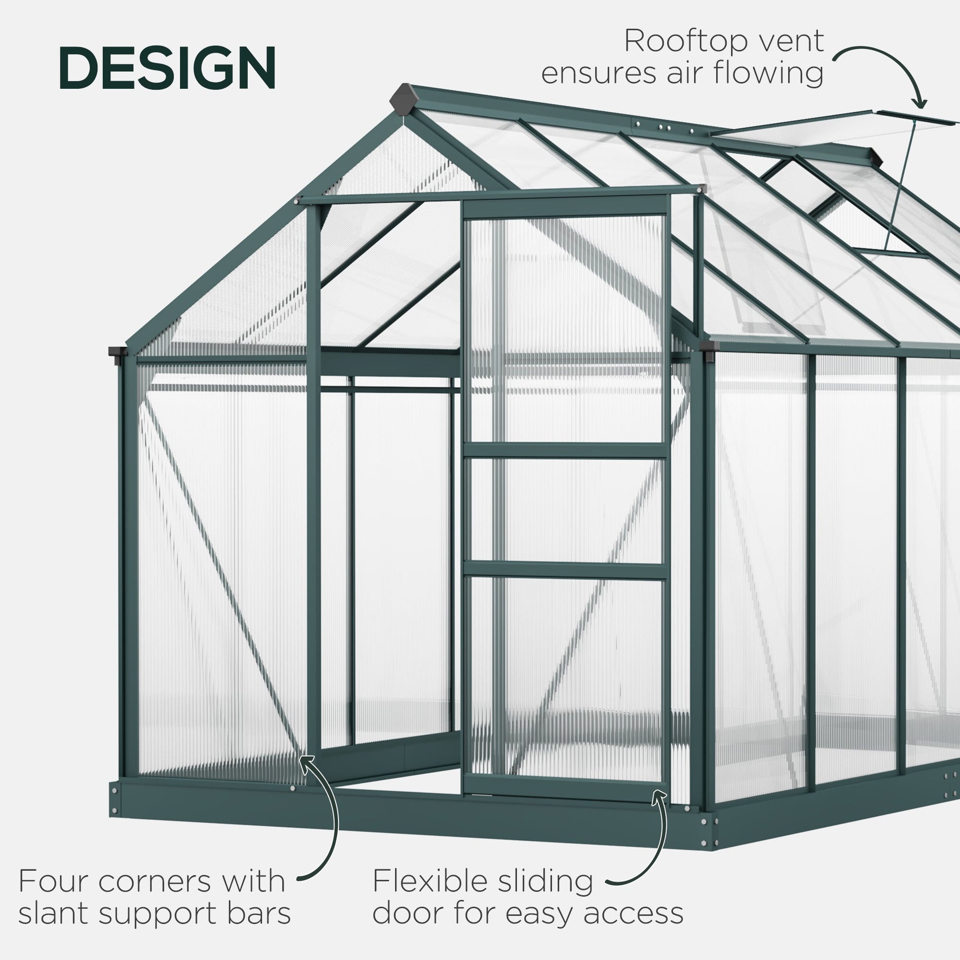 6 x 10ft Polycarbonate Greenhouse, Large Walk-In Green House with Slide Door and Window, Garden Plants Grow House with Aluminium Frame and Foundation, Dark Green