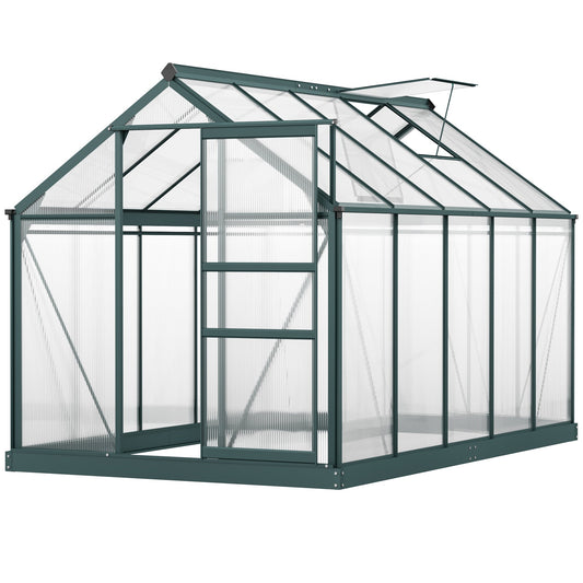 6 x 10ft Polycarbonate Greenhouse, Large Walk-In Green House with Slide Door and Window, Garden Plants Grow House with Aluminium Frame and Foundation, Dark Green