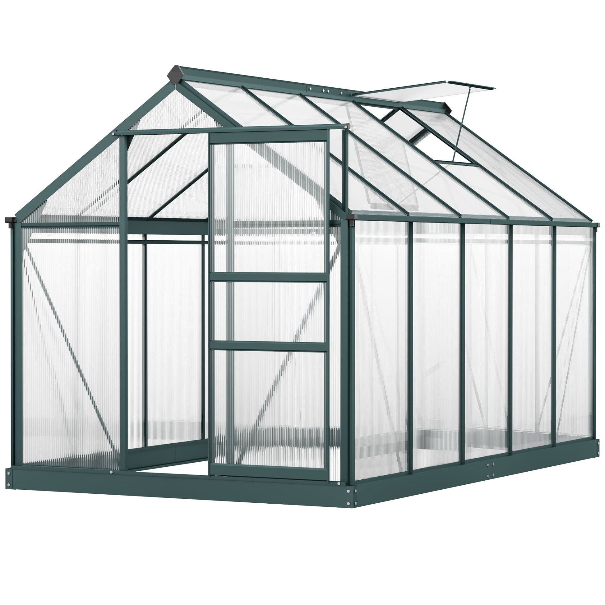 6 x 10ft Polycarbonate Greenhouse, Large Walk-In Green House with Slide Door and Window, Garden Plants Grow House with Aluminium Frame and Foundation, Dark Green