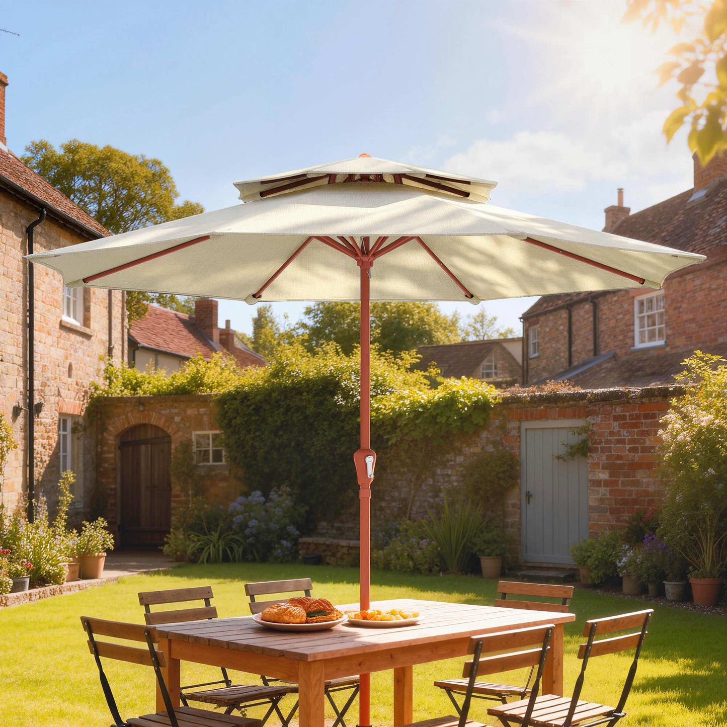 Patio Umbrella with Crank, Double Top Outdoor Market Table Umbrella for Garden, Patio,104'' x 104'', Cream White