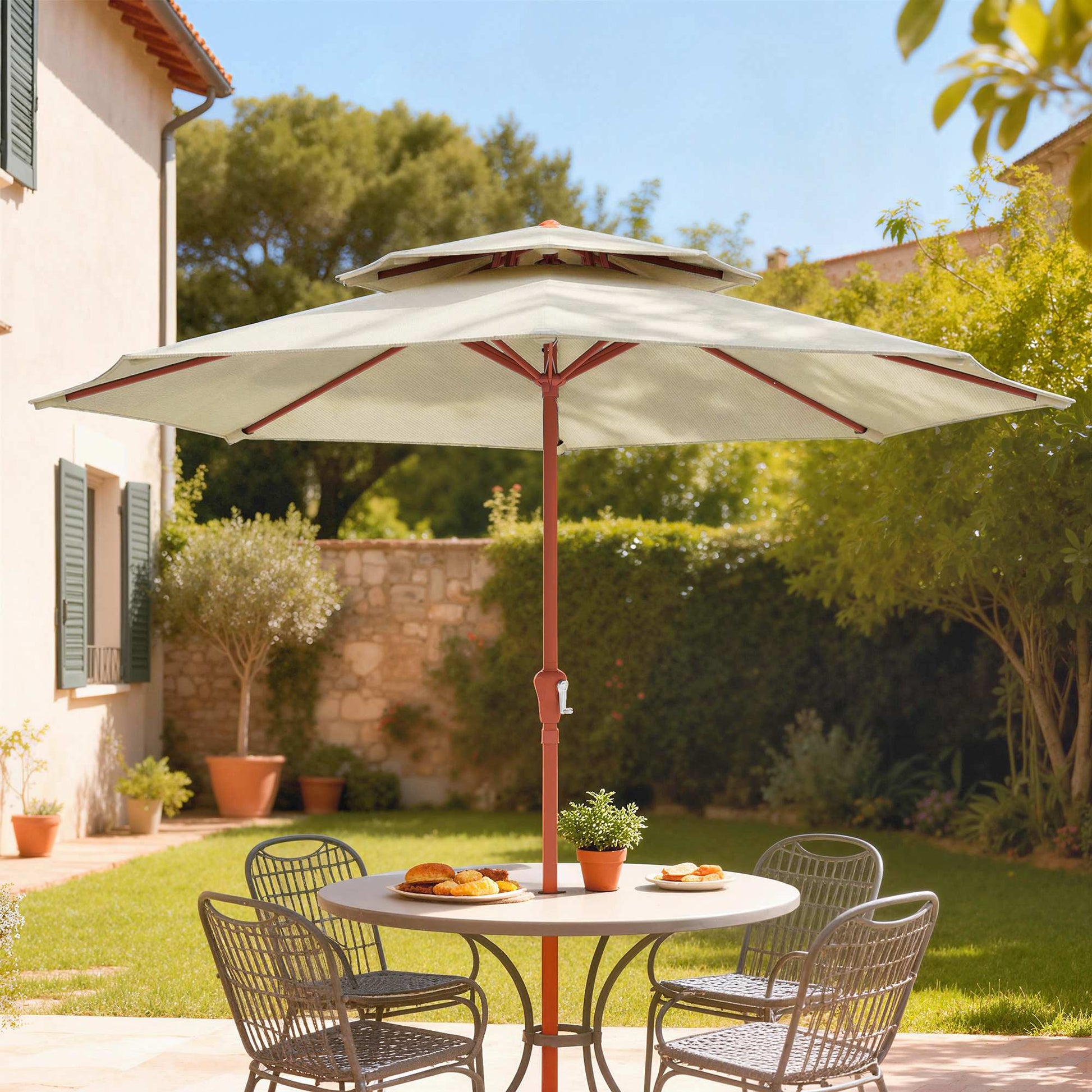 Patio Umbrella with Crank, Double Top Outdoor Market Table Umbrella for Garden, Patio,104'' x 104'', Cream White