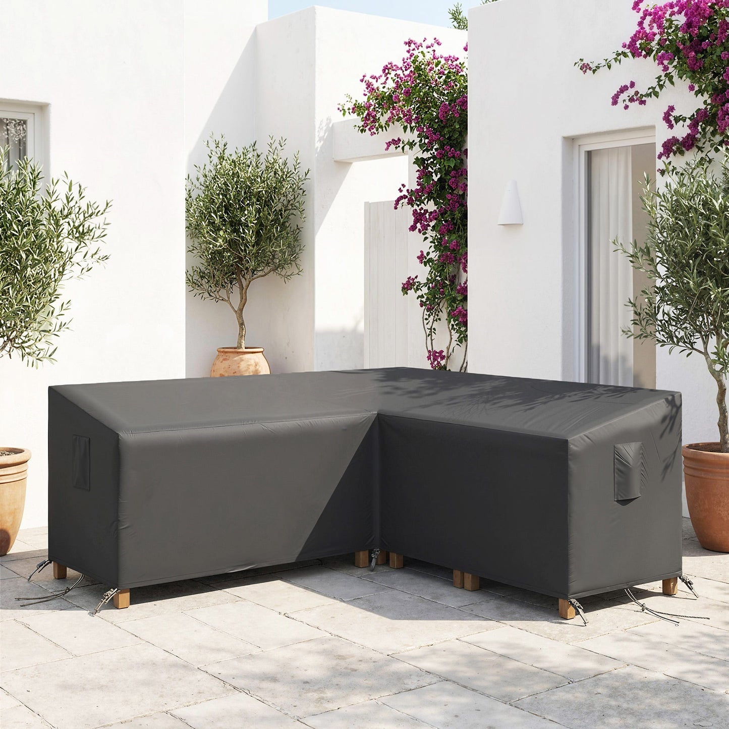 V-Shaped Garden Furniture Cover, Waterproof Outdoor rattan corner sofa cover with Air Vent, Heavy Duty 420D Oxford Fabric, Windproof, 216 x 216 cm, Black