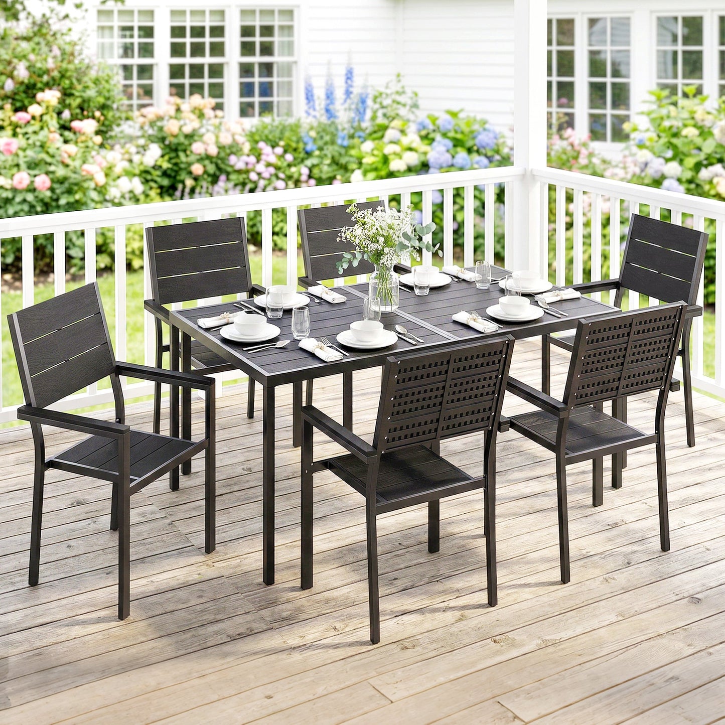 7 Pieces Outdoor Dining Set, Patio Table and Chairs for 6, Garden Dining Furniture Set with Slatted Tabletop and Metal Frame for Balcony, Patio, Backyard, Black