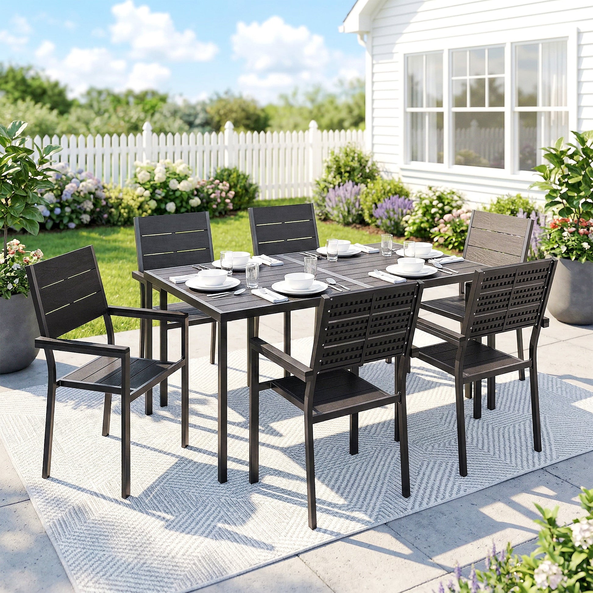 7 Pieces Outdoor Dining Set, Patio Table and Chairs for 6, Garden Dining Furniture Set with Slatted Tabletop and Metal Frame for Balcony, Patio, Backyard, Black