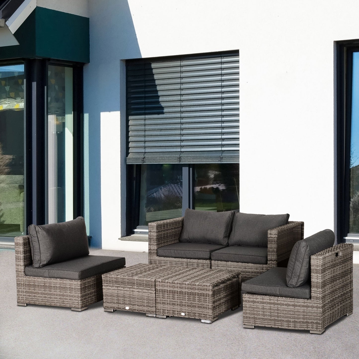 8 Pieces Rattan Garden Furniture Set, Garden Corner Sofa Set with 4 Chairs, 2 Footstools, 2 Coffee Tables and Cushions, Space-Saving Design, No Assembly Required, Grey
