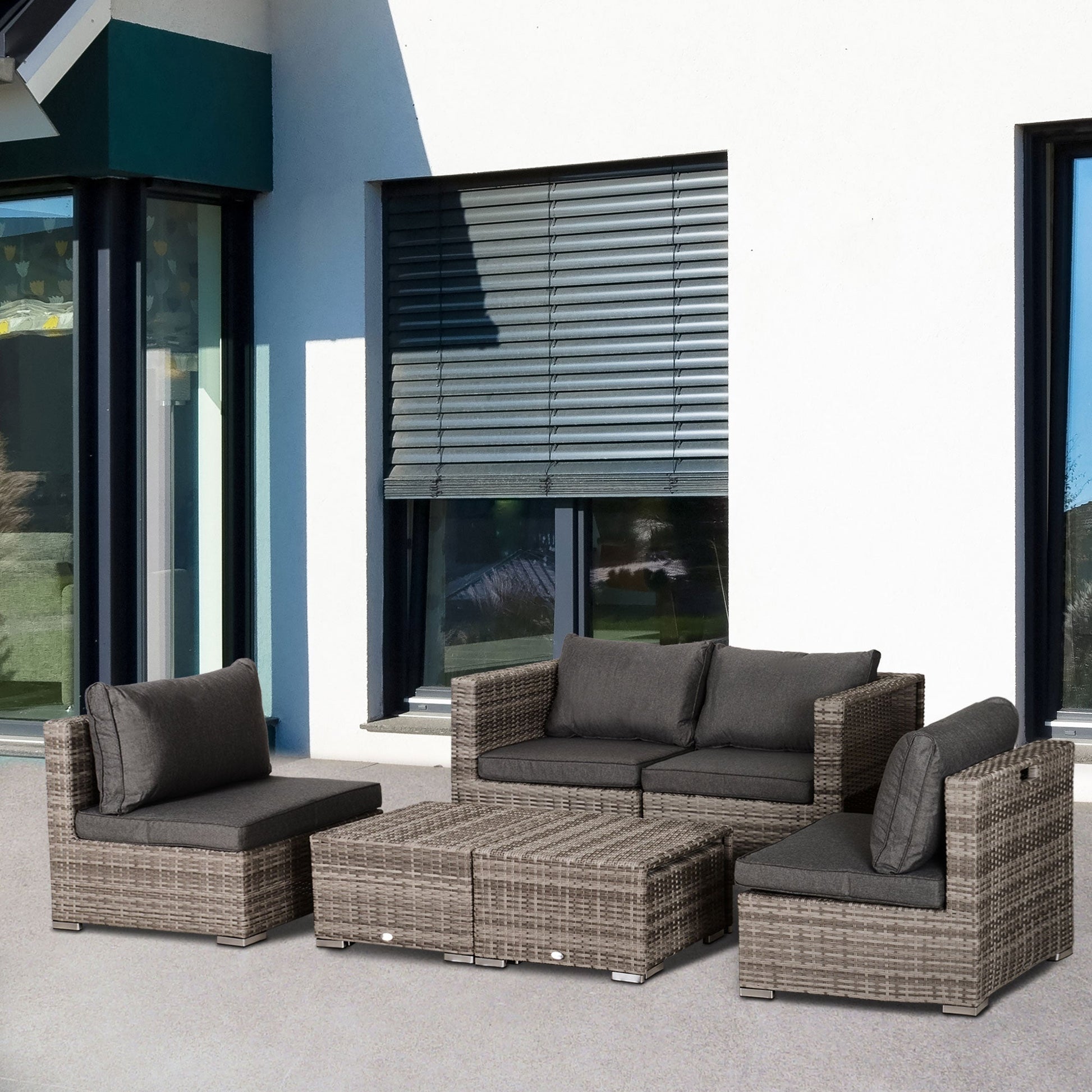 8 Pieces Rattan Garden Furniture Set, Garden Corner Sofa Set with 4 Chairs, 2 Footstools, 2 Coffee Tables and Cushions, Space-Saving Design, No Assembly Required, Grey