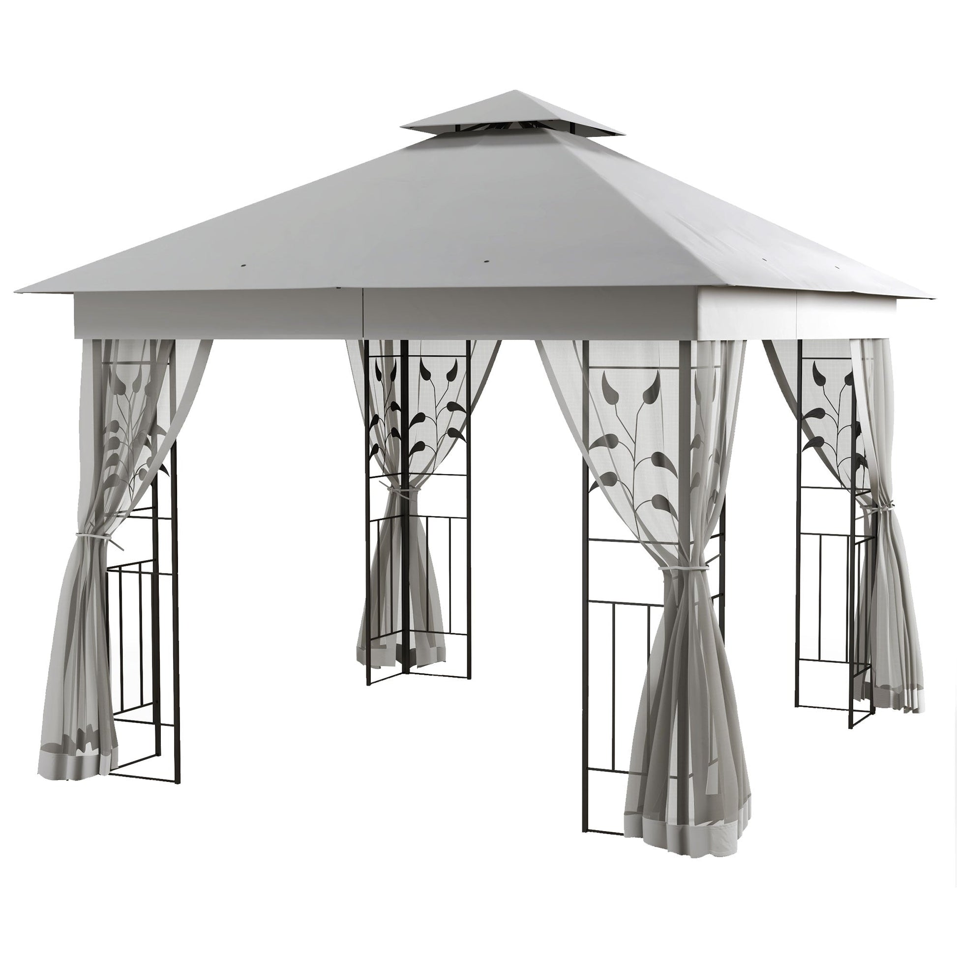 3(m) x 3(m) Garden Gazebo, Double Roof Outdoor Gazebo Canopy Shelter with Netting, Solid Steel Frame, for Garden, Lawn and Deck, Light Grey