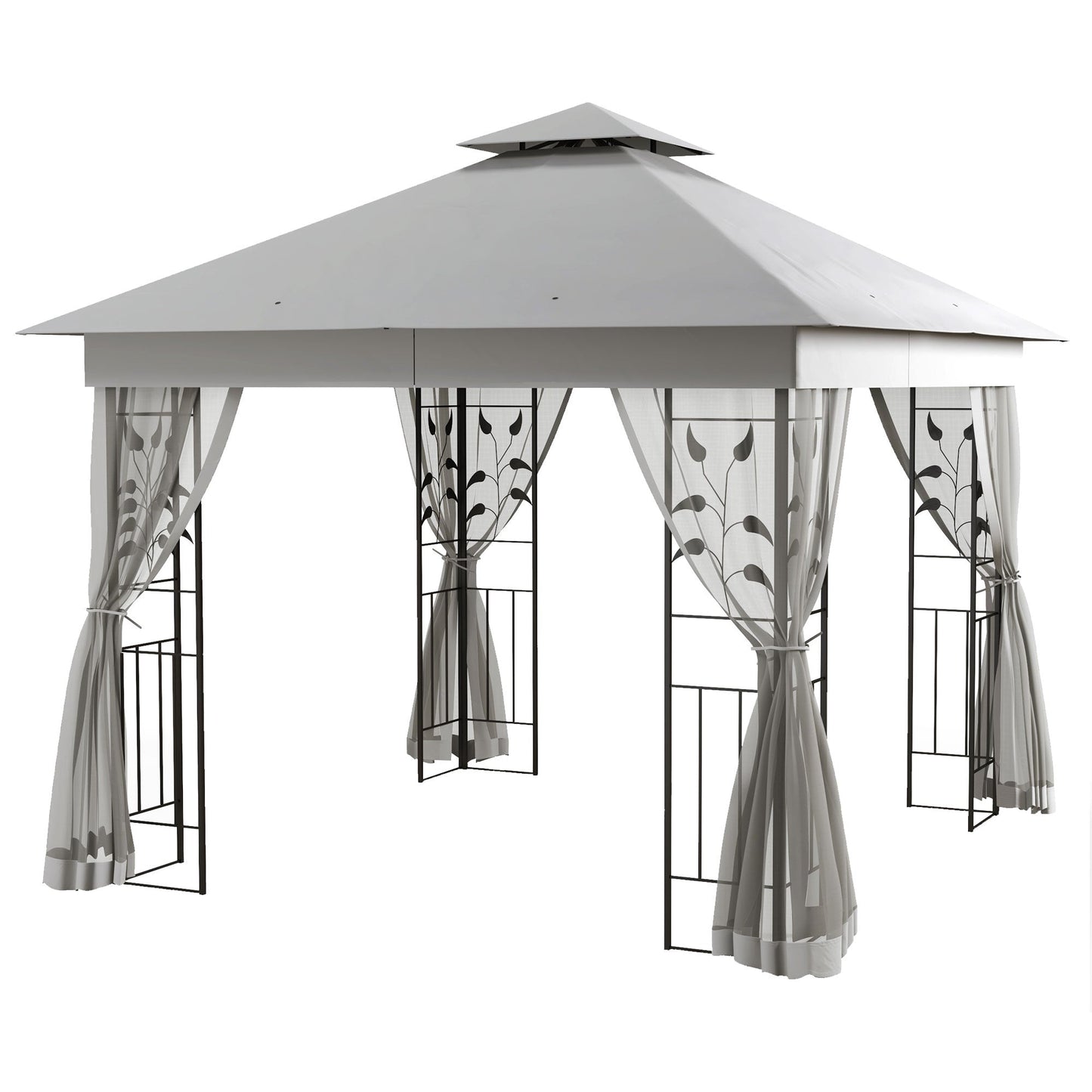3(m) x 3(m) Garden Gazebo, Double Roof Outdoor Gazebo Canopy Shelter with Netting, Solid Steel Frame, for Garden, Lawn and Deck, Light Grey