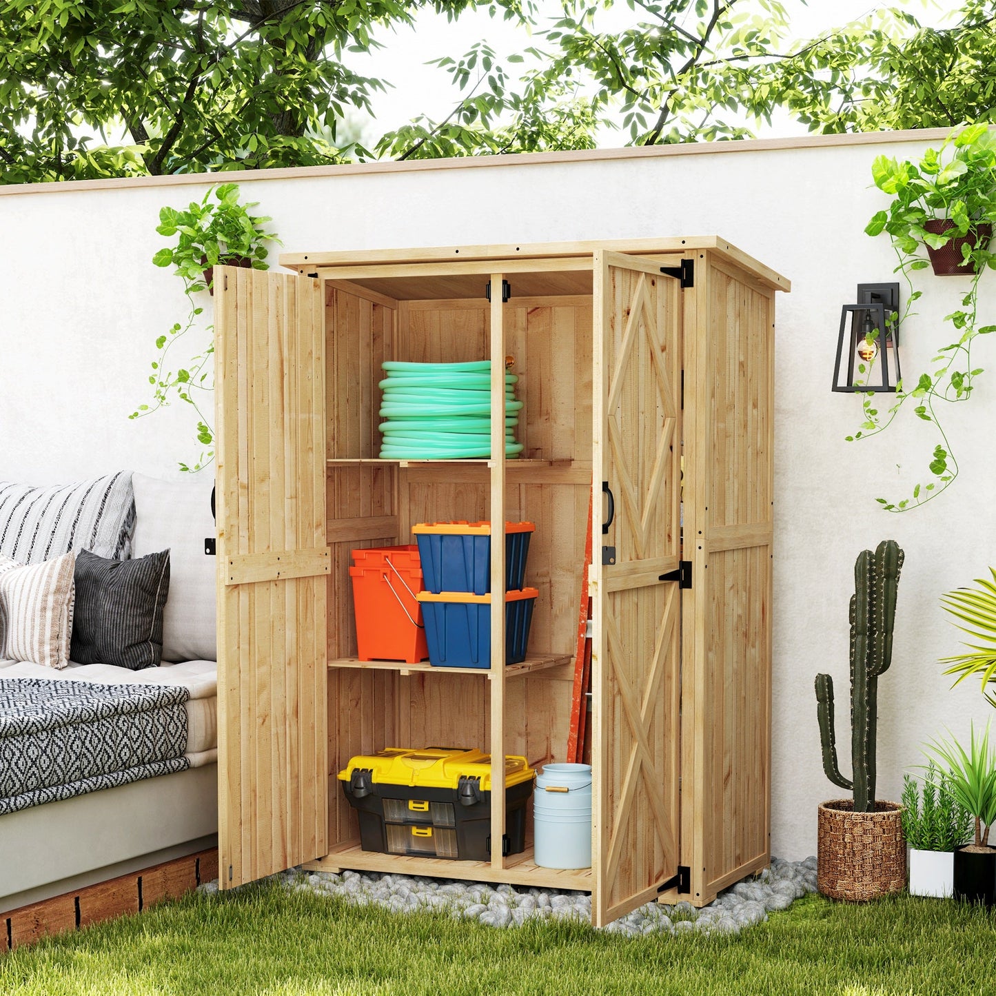 Wooden Garden Storage Shed, Tool Storage Cabinet with Asphalt Roof and 2 Shelves for Garden Tools, Equipment, Outdoor Tool Shed with Double Doors, Natural