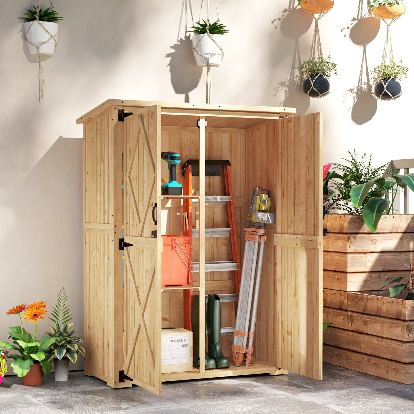 Wooden Garden Storage Shed, Tool Storage Cabinet with Asphalt Roof and 2 Shelves for Garden Tools, Equipment, Outdoor Tool Shed with Double Doors, Natural