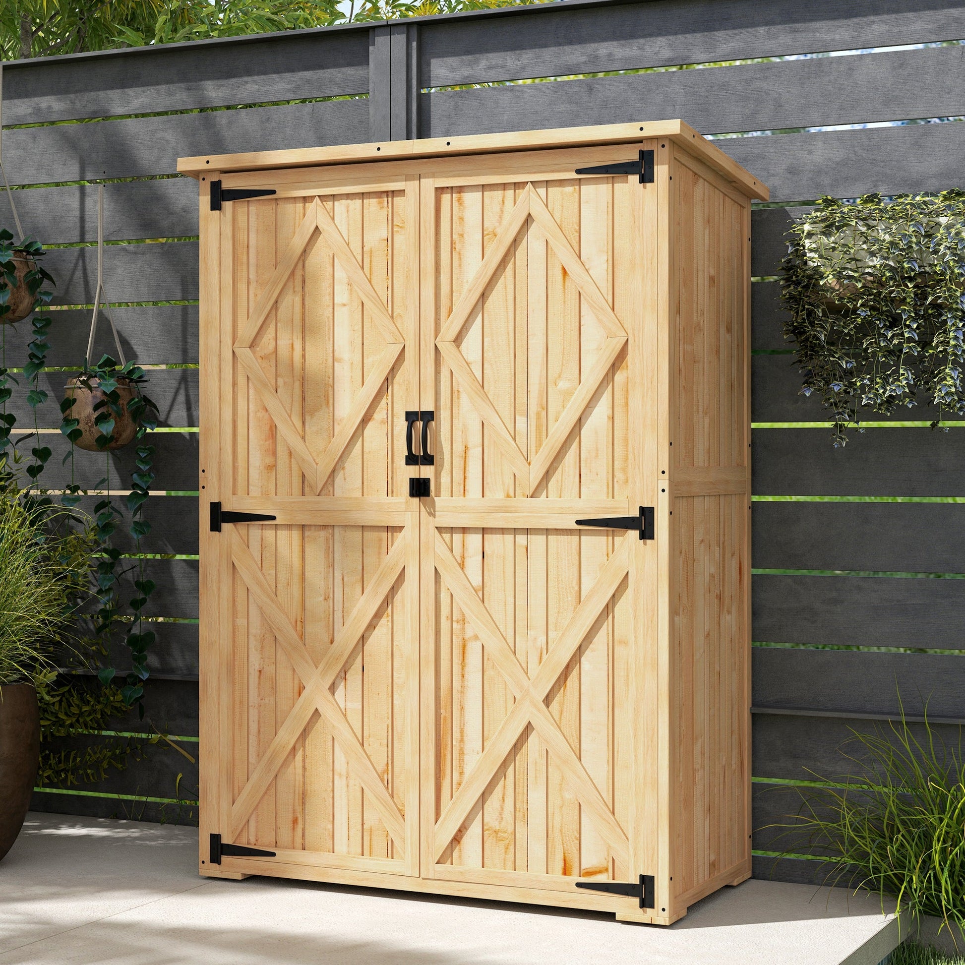 Wooden Garden Storage Shed, Tool Storage Cabinet with Asphalt Roof and 2 Shelves for Garden Tools, Equipment, Outdoor Tool Shed with Double Doors, Natural