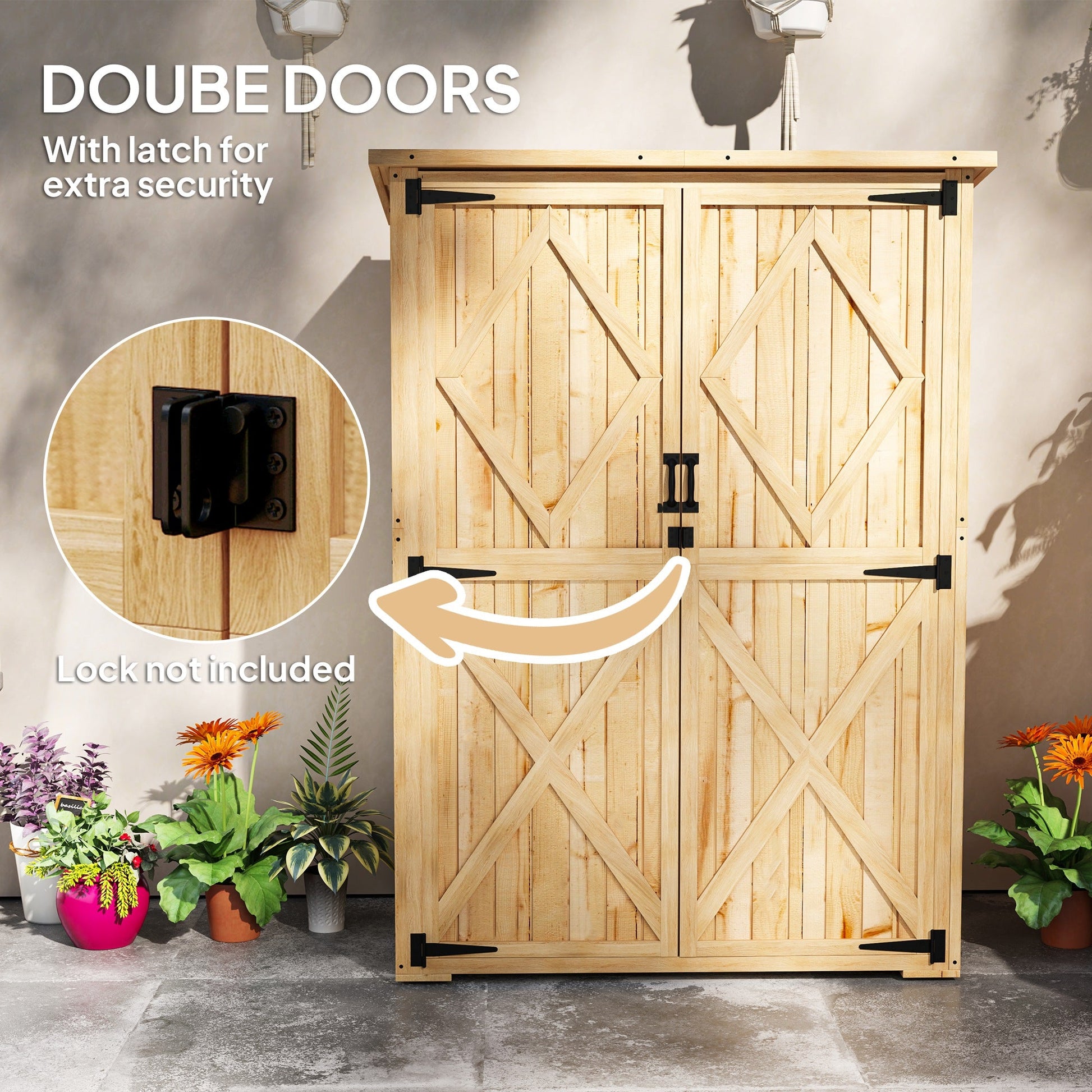 Wooden Garden Storage Shed, Tool Storage Cabinet with Asphalt Roof and 2 Shelves for Garden Tools, Equipment, Outdoor Tool Shed with Double Doors, Natural