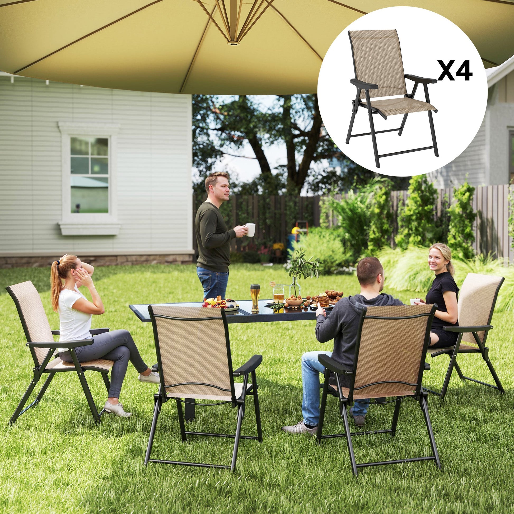 Set of 4 Folding Chair, Garden Chair Set with Breathable Mesh Back and Seat, Outdoor Camping Chairs with Armrests, Steel Frame for Deck Balcony, Brown