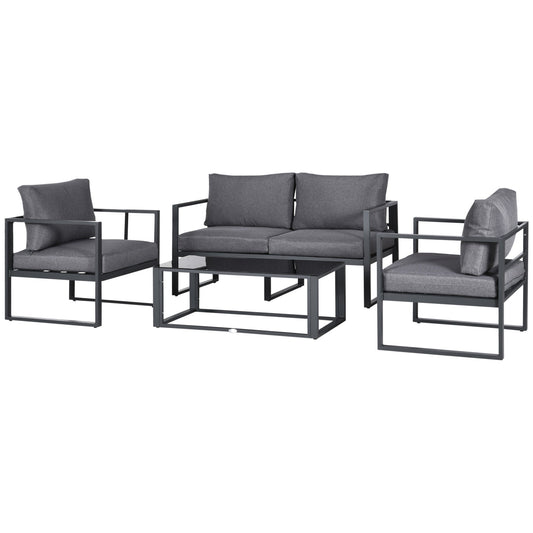 4 Pieces Garden Sofa Set 2 Single Armchair 1 Bench & Side Table Set Aluminium Frame Patio Furniture with Cushions Grey