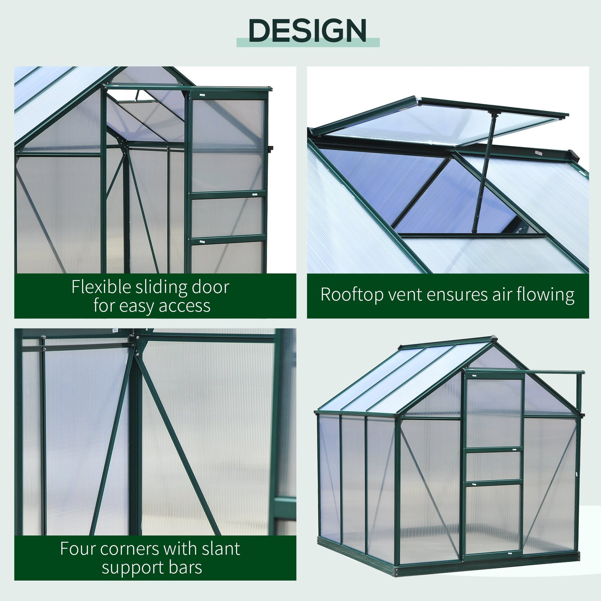 6 x 6ft Polycarbonate Greenhouse, Large Walk-In Green House with Slide Door and Window, Garden Plants Grow House with Aluminium Frame and Foundation, Dark Green