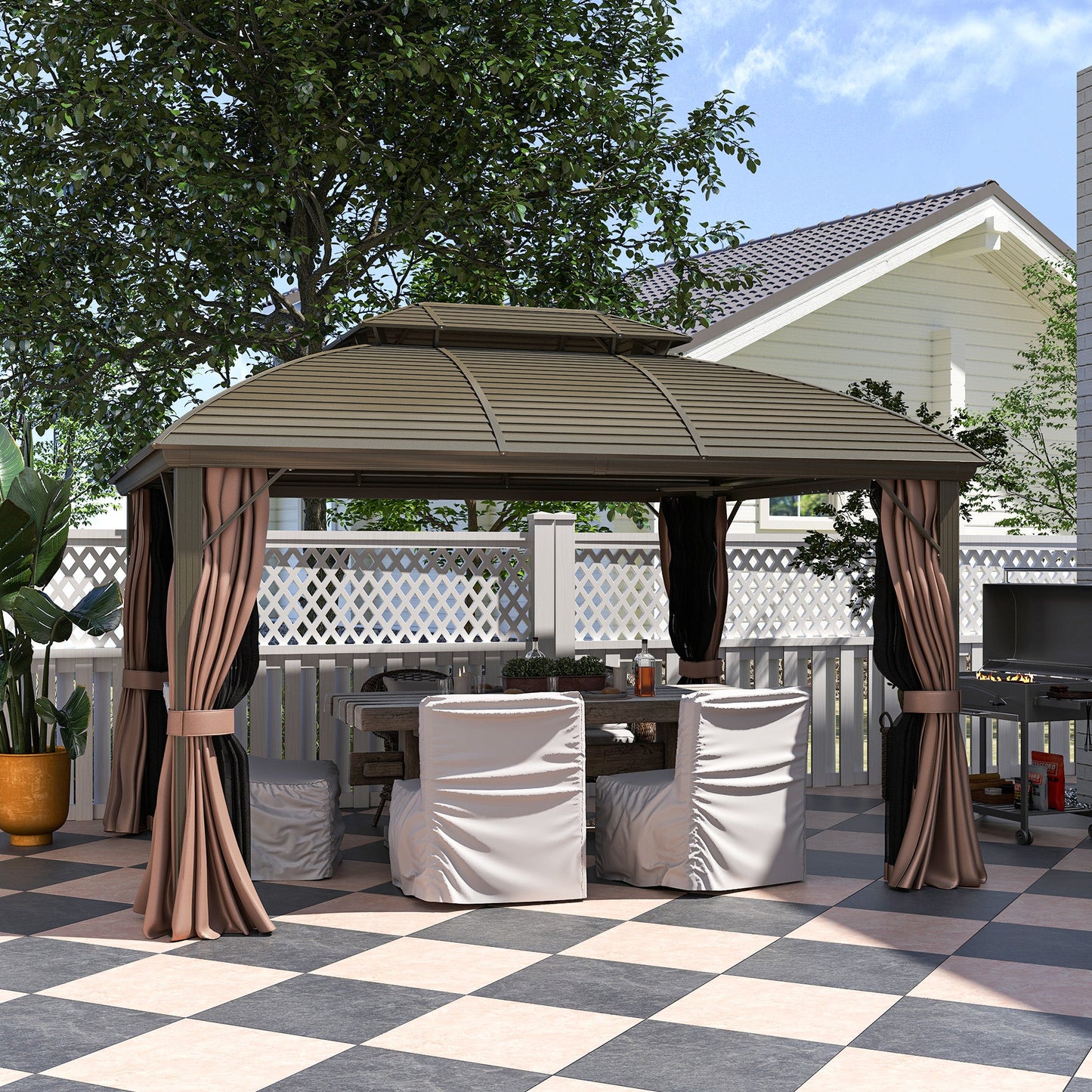 3.65 x 3(m) Hardtop Steel Gazebo Canopy for Patio Heavy Duty Outdoor Pavilion with Aluminium Alloy Frame, Double Roof, Net Sidewalls and Curtains, Coffee