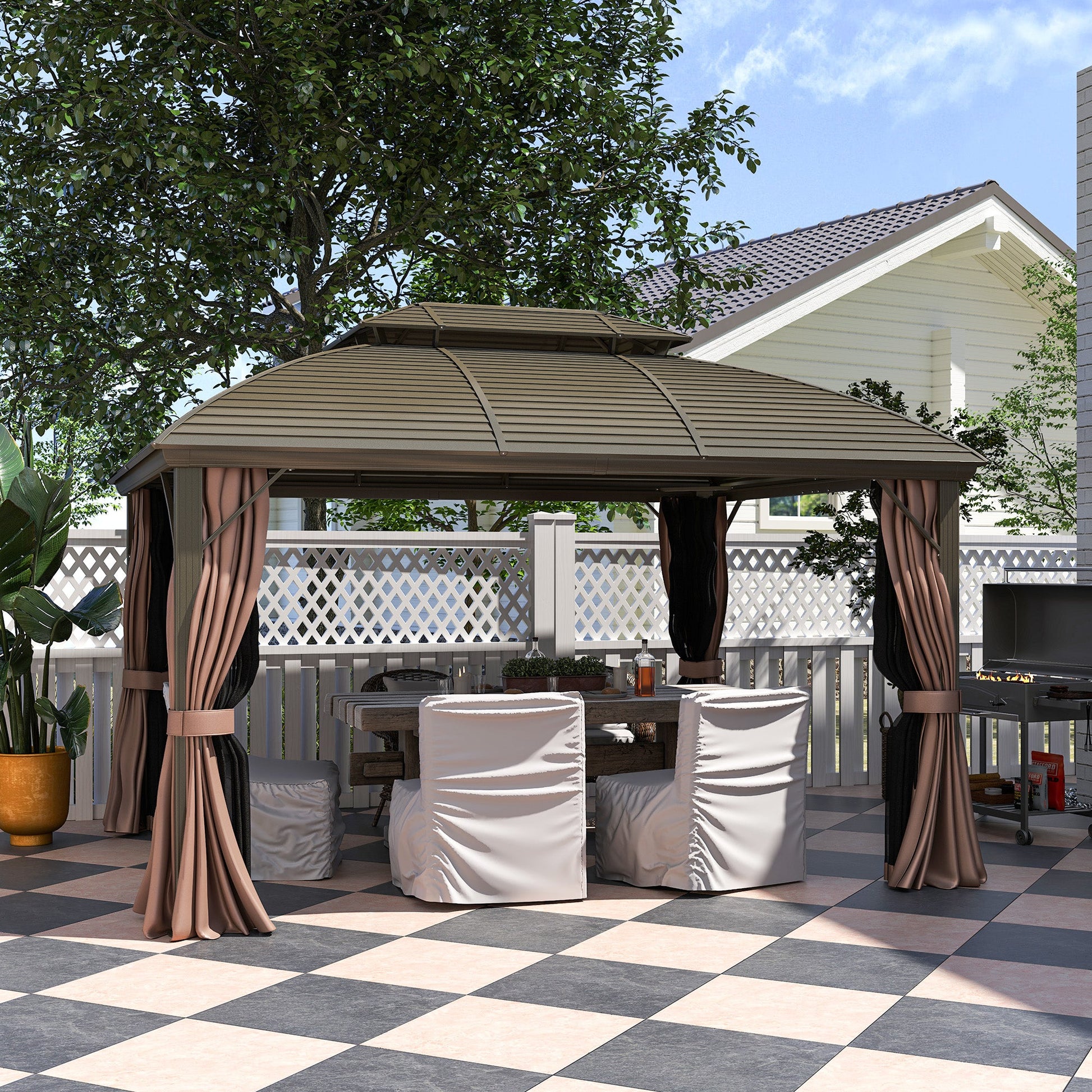3.65 x 3(m) Hardtop Steel Gazebo Canopy for Patio Heavy Duty Outdoor Pavilion with Aluminium Alloy Frame, Double Roof, Net Sidewalls and Curtains, Coffee