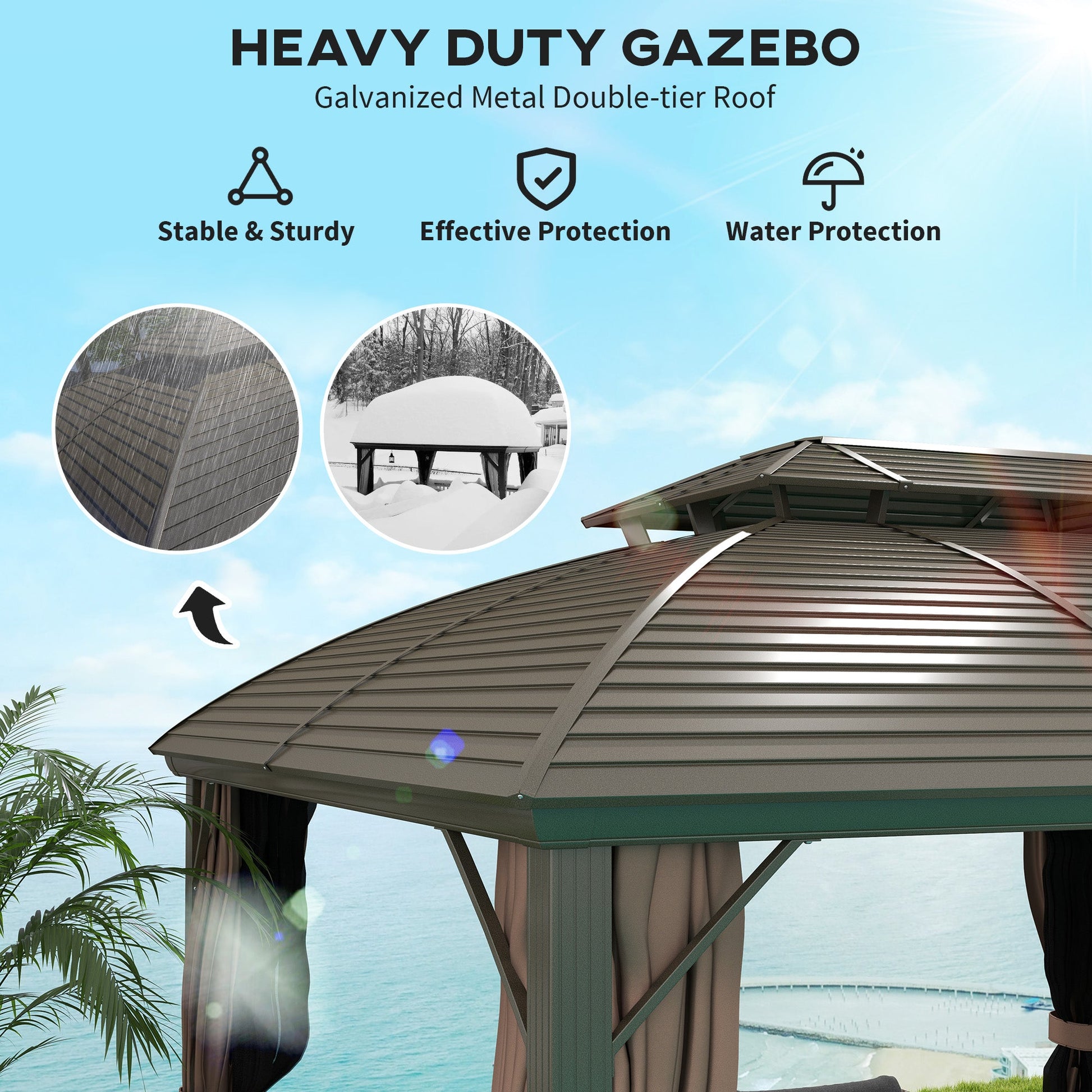 3.65 x 3(m) Hardtop Steel Gazebo Canopy for Patio Heavy Duty Outdoor Pavilion with Aluminium Alloy Frame, Double Roof, Net Sidewalls and Curtains, Coffee