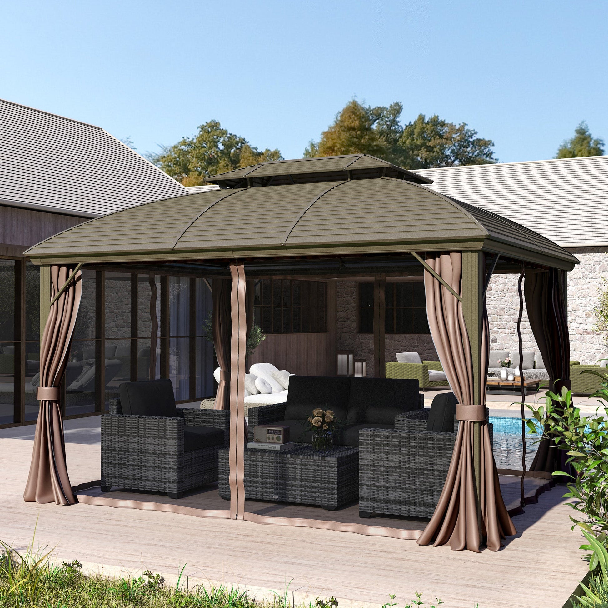 3.65 x 3(m) Hardtop Steel Gazebo Canopy for Patio Heavy Duty Outdoor Pavilion with Aluminium Alloy Frame, Double Roof, Net Sidewalls and Curtains, Coffee