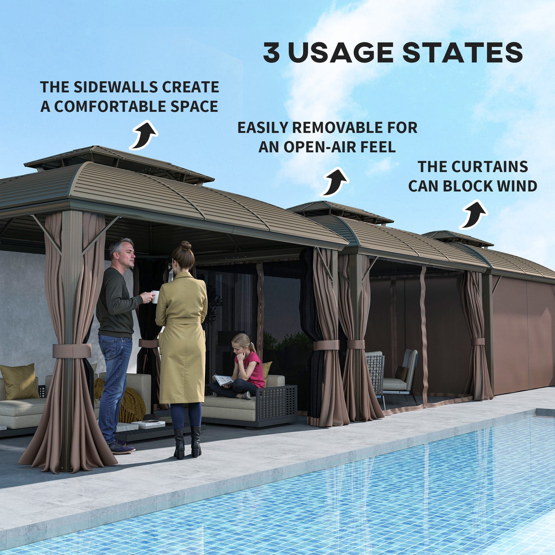 3.65 x 3(m) Hardtop Steel Gazebo Canopy for Patio Heavy Duty Outdoor Pavilion with Aluminium Alloy Frame, Double Roof, Net Sidewalls and Curtains, Coffee