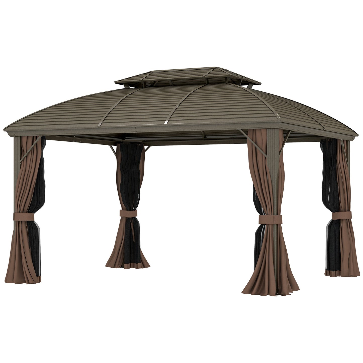 3.65 x 3(m) Hardtop Steel Gazebo Canopy for Patio Heavy Duty Outdoor Pavilion with Aluminium Alloy Frame, Double Roof, Net Sidewalls and Curtains, Coffee