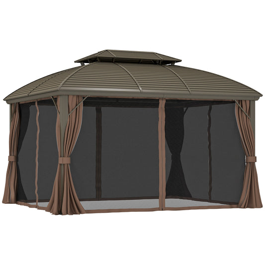 3.65 x 3(m) Hardtop Steel Gazebo Canopy for Patio Heavy Duty Outdoor Pavilion with Aluminium Alloy Frame, Double Roof, Net Sidewalls and Curtains, Coffee