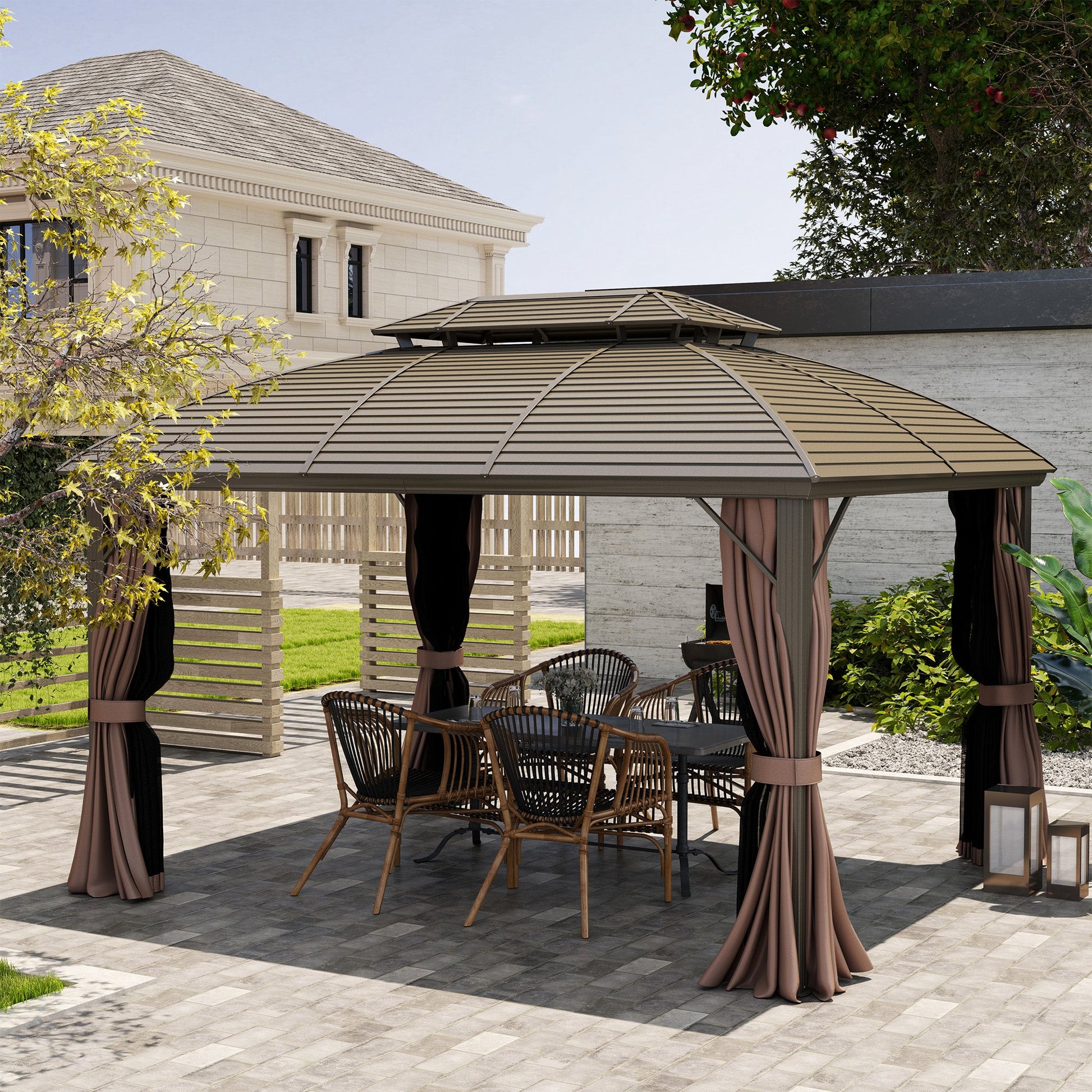 3.65 x 3(m) Hardtop Steel Gazebo Canopy for Patio Heavy Duty Outdoor Pavilion with Aluminium Alloy Frame, Double Roof, Net Sidewalls and Curtains, Coffee