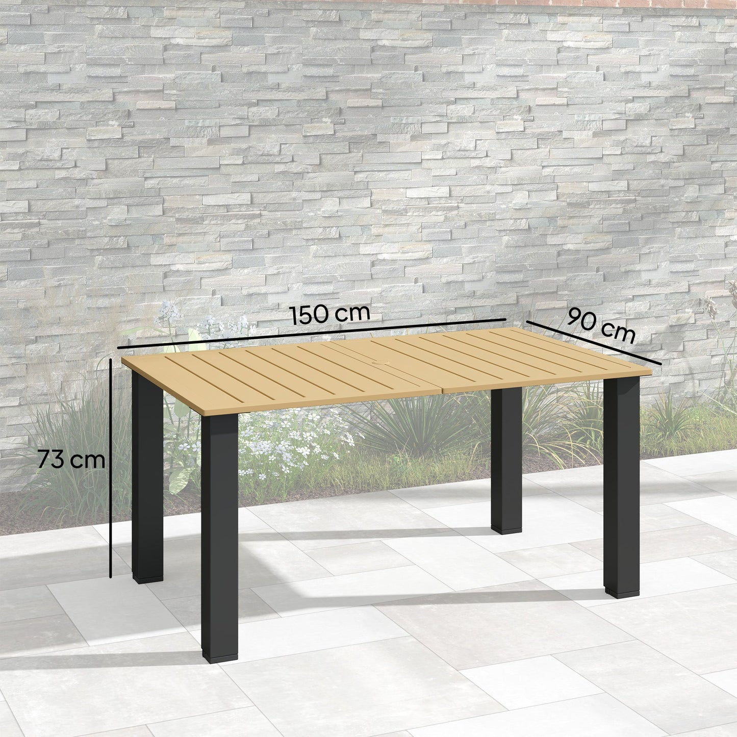 Garden Dining Table for 6 Person with Parasol Hole, Rectangle Outdoor Garden Table with Slatted Metal Tabletop, Steel Frame for Patio, Balcony, 150 x 90 x 73 cm, Brown