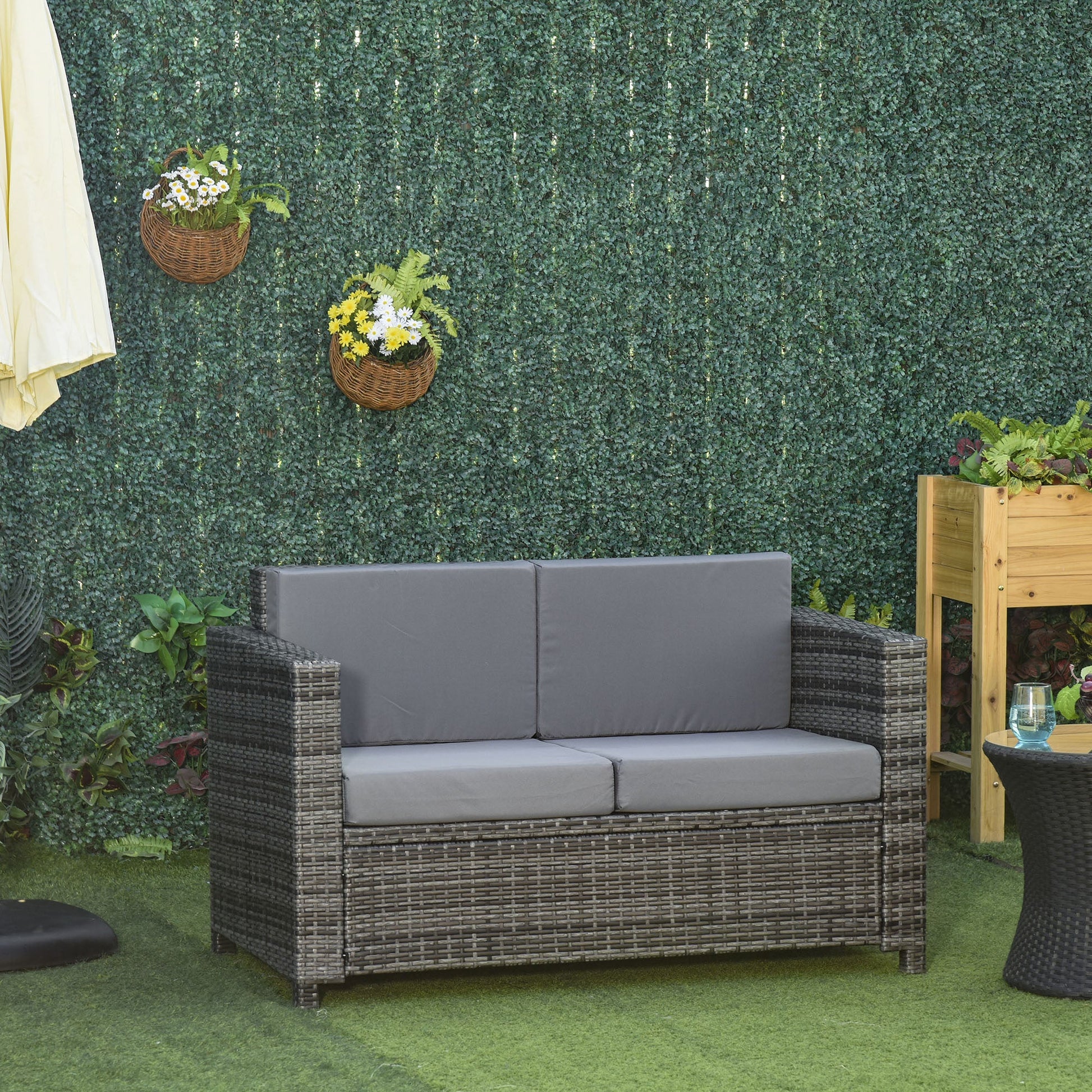 Rattan Sofa, 2 Seater Garden Furniture with Soft Padded Cushion and Armrests, Wicker Garden Loveseat for Patio, Mixed Grey