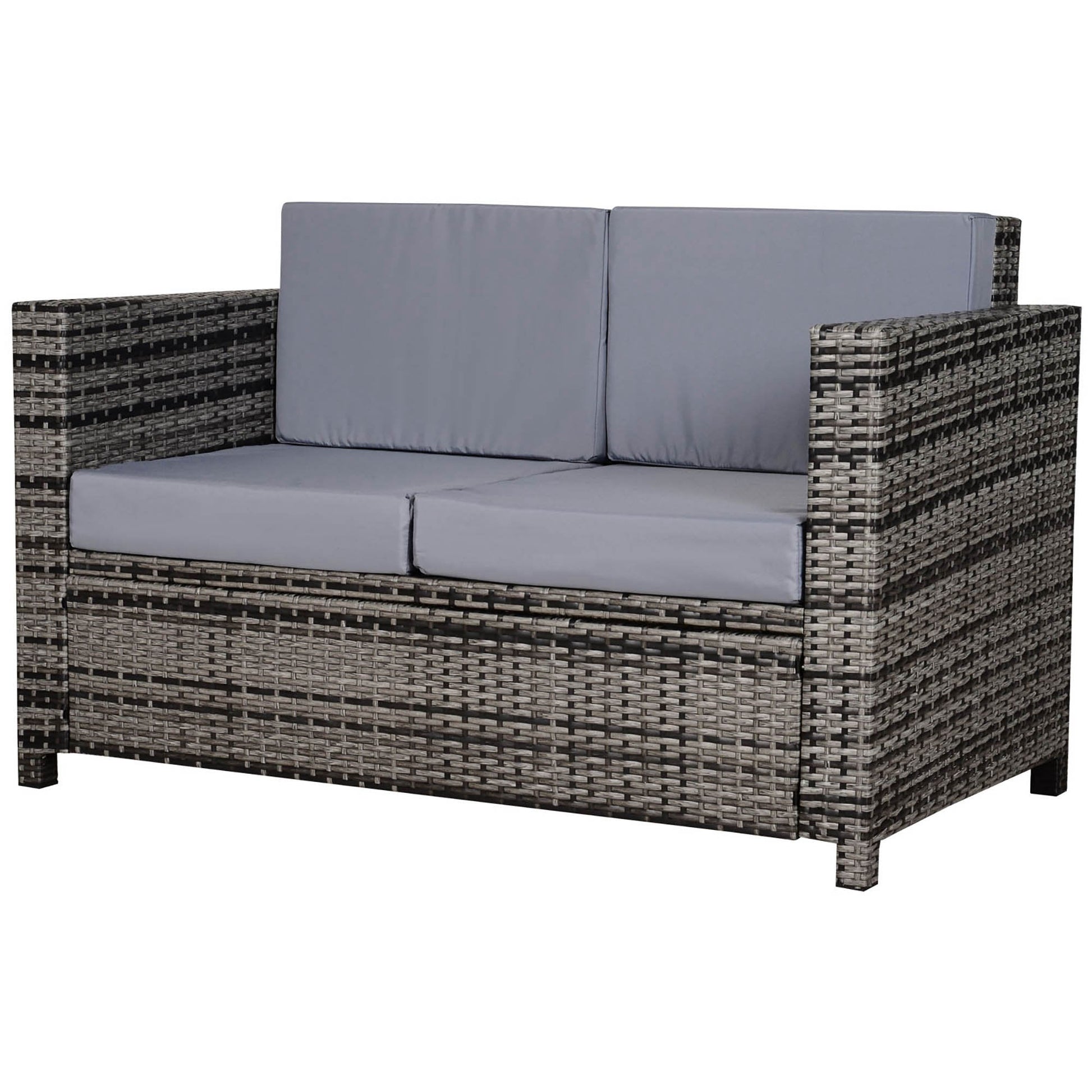 Rattan Sofa, 2 Seater Garden Furniture with Soft Padded Cushion and Armrests, Wicker Garden Loveseat for Patio, Mixed Grey