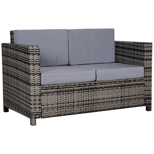Rattan Sofa, 2 Seater Garden Furniture with Soft Padded Cushion and Armrests, Wicker Garden Loveseat for Patio, Mixed Grey