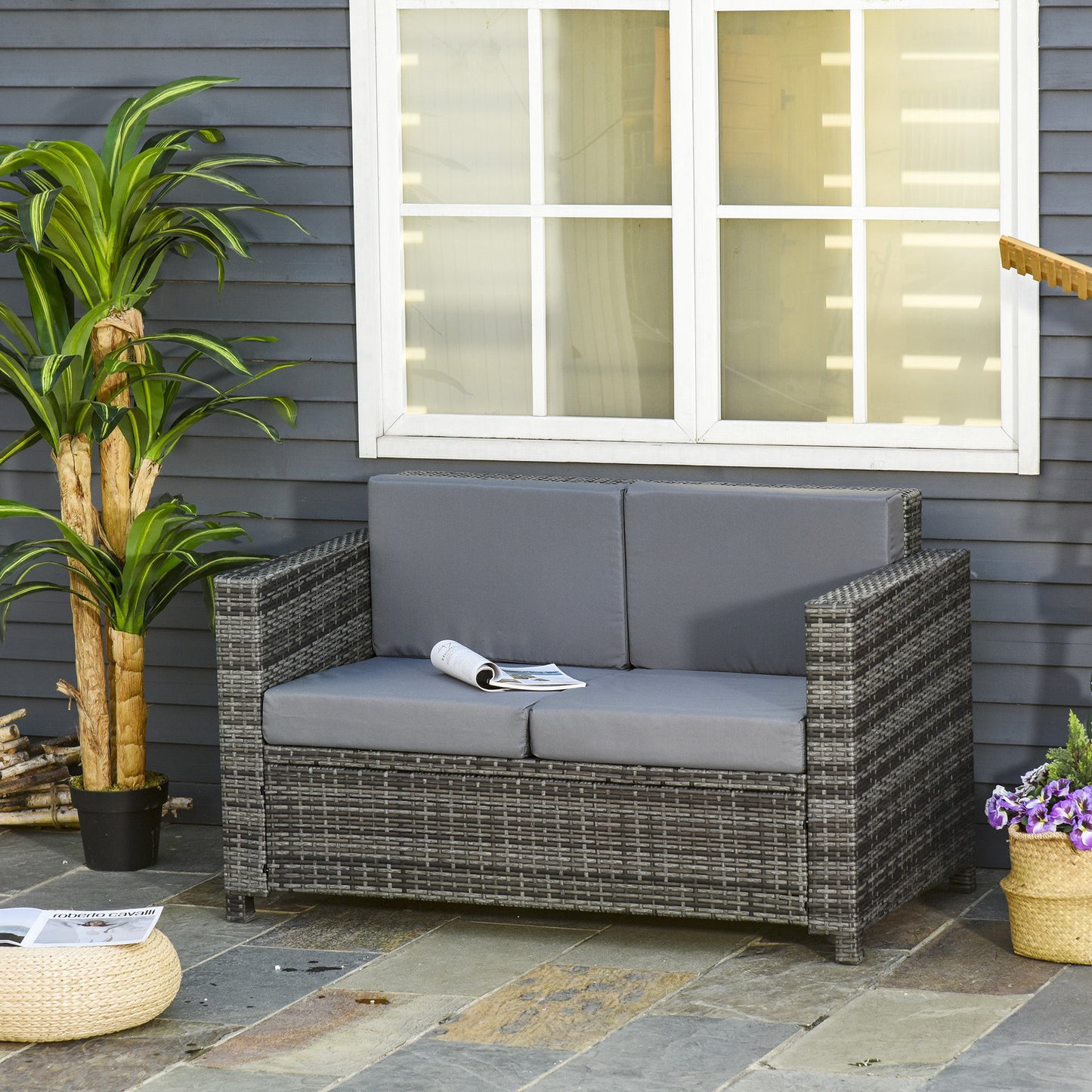 Rattan Sofa, 2 Seater Garden Furniture with Soft Padded Cushion and Armrests, Wicker Garden Loveseat for Patio, Mixed Grey