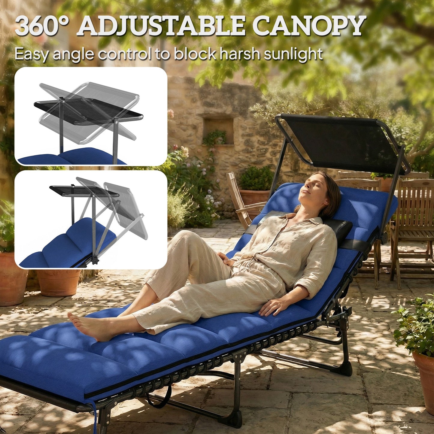 Folding Sun Lounger with Canopy, 5-Position Reclining Garden Lounger, Side Pocket, Headrest, Cushion, Portable Recliner Sunbed with Carry Handle for Camping Beach Patio, Dark Blue