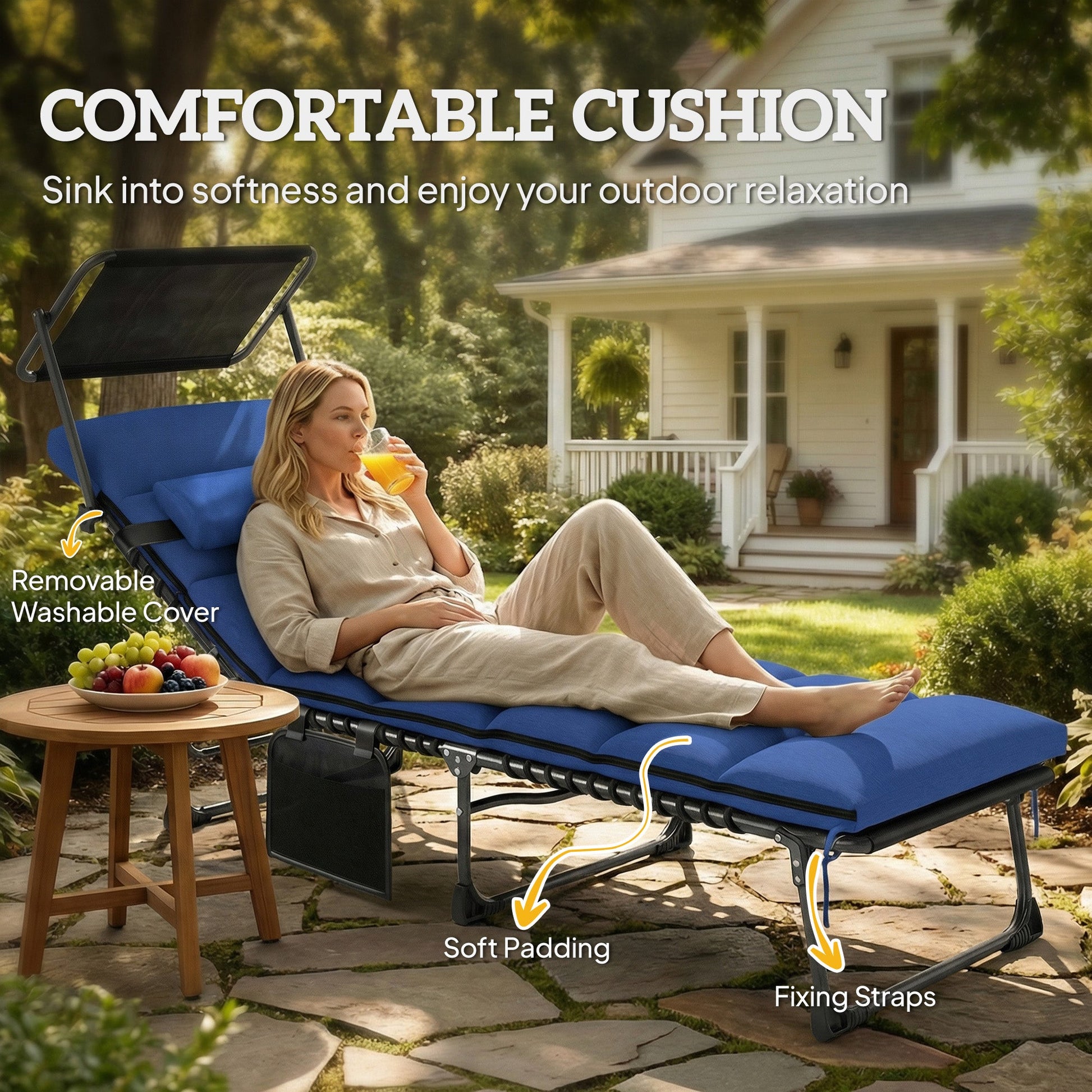Folding Sun Lounger with Canopy, 5-Position Reclining Garden Lounger, Side Pocket, Headrest, Cushion, Portable Recliner Sunbed with Carry Handle for Camping Beach Patio, Dark Blue