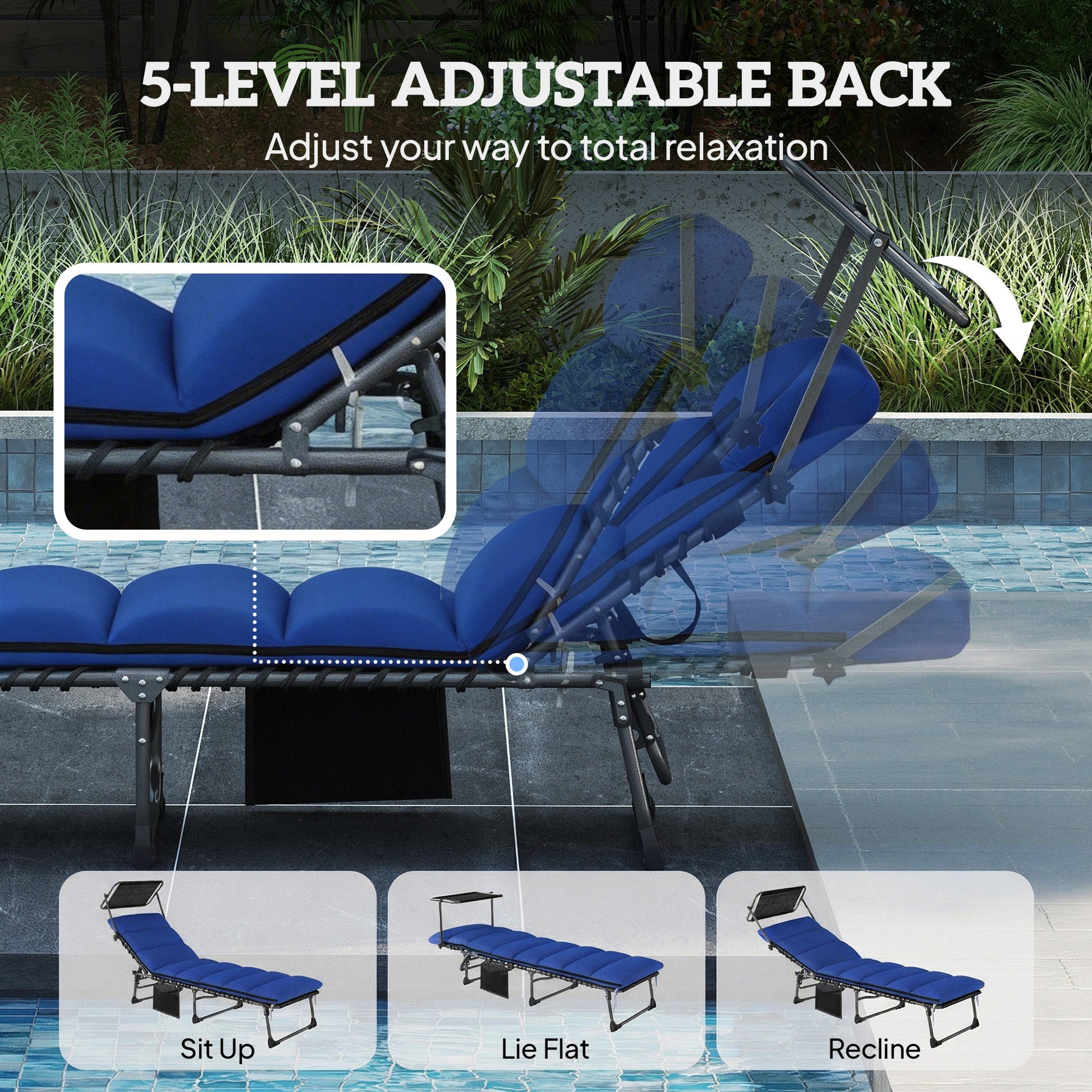 Folding Sun Lounger with Canopy, 5-Position Reclining Garden Lounger, Side Pocket, Headrest, Cushion, Portable Recliner Sunbed with Carry Handle for Camping Beach Patio, Dark Blue