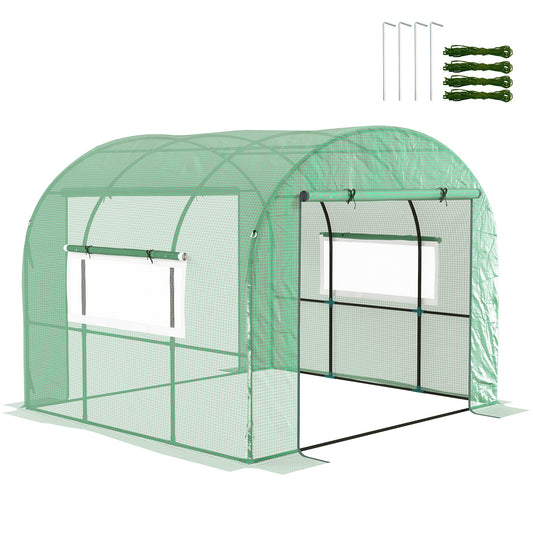 3 x 3 x 2m Polytunnel Greenhouse with Doors and Mesh Windows, Walk-in Grow House Tent with UV-resistant PE Cover and Steel Frame, Green