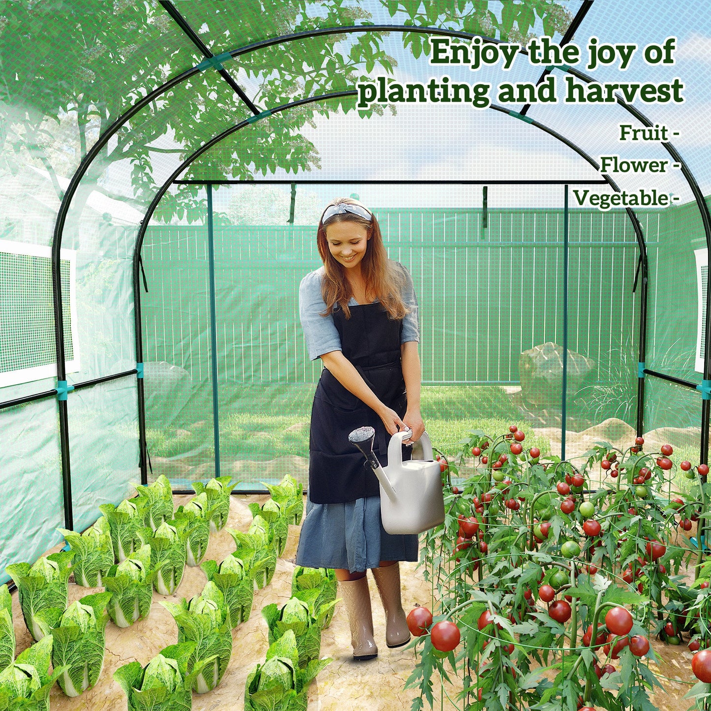 3 x 3 x 2m Polytunnel Greenhouse with Doors and Mesh Windows, Walk-in Grow House Tent with UV-resistant PE Cover and Steel Frame, Green