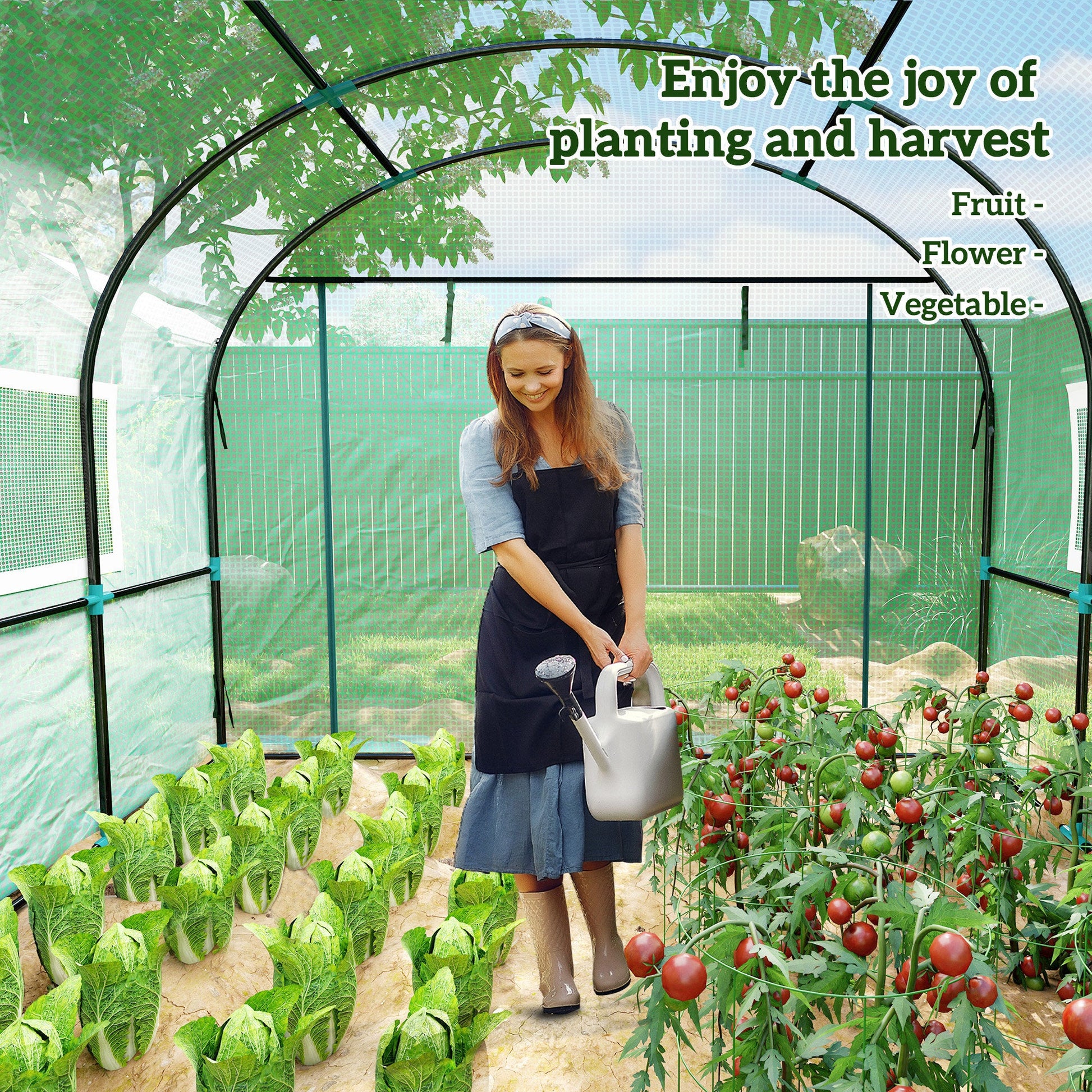 3 x 3 x 2m Polytunnel Greenhouse with Doors and Mesh Windows, Walk-in Grow House Tent with UV-resistant PE Cover and Steel Frame, Green