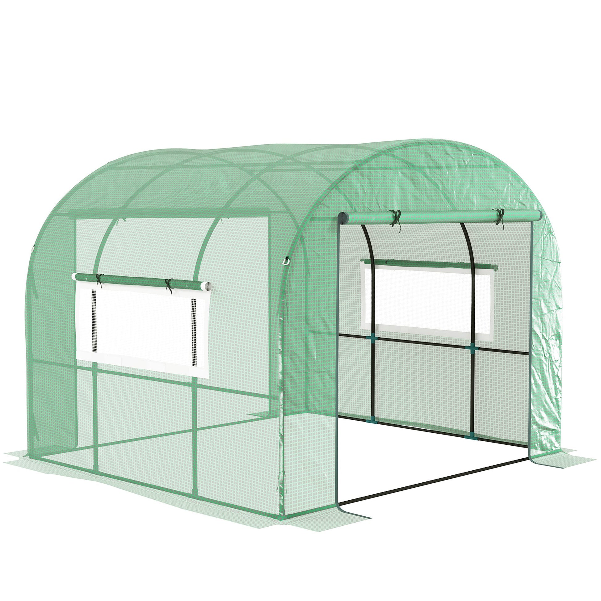 3 x 3 x 2m Polytunnel Greenhouse with Doors and Mesh Windows, Walk-in Grow House Tent with UV-resistant PE Cover and Steel Frame, Green