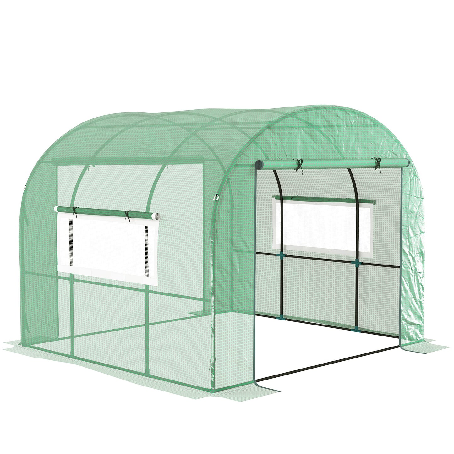3 x 3 x 2m Polytunnel Greenhouse with Doors and Mesh Windows, Walk-in Grow House Tent with UV-resistant PE Cover and Steel Frame, Green