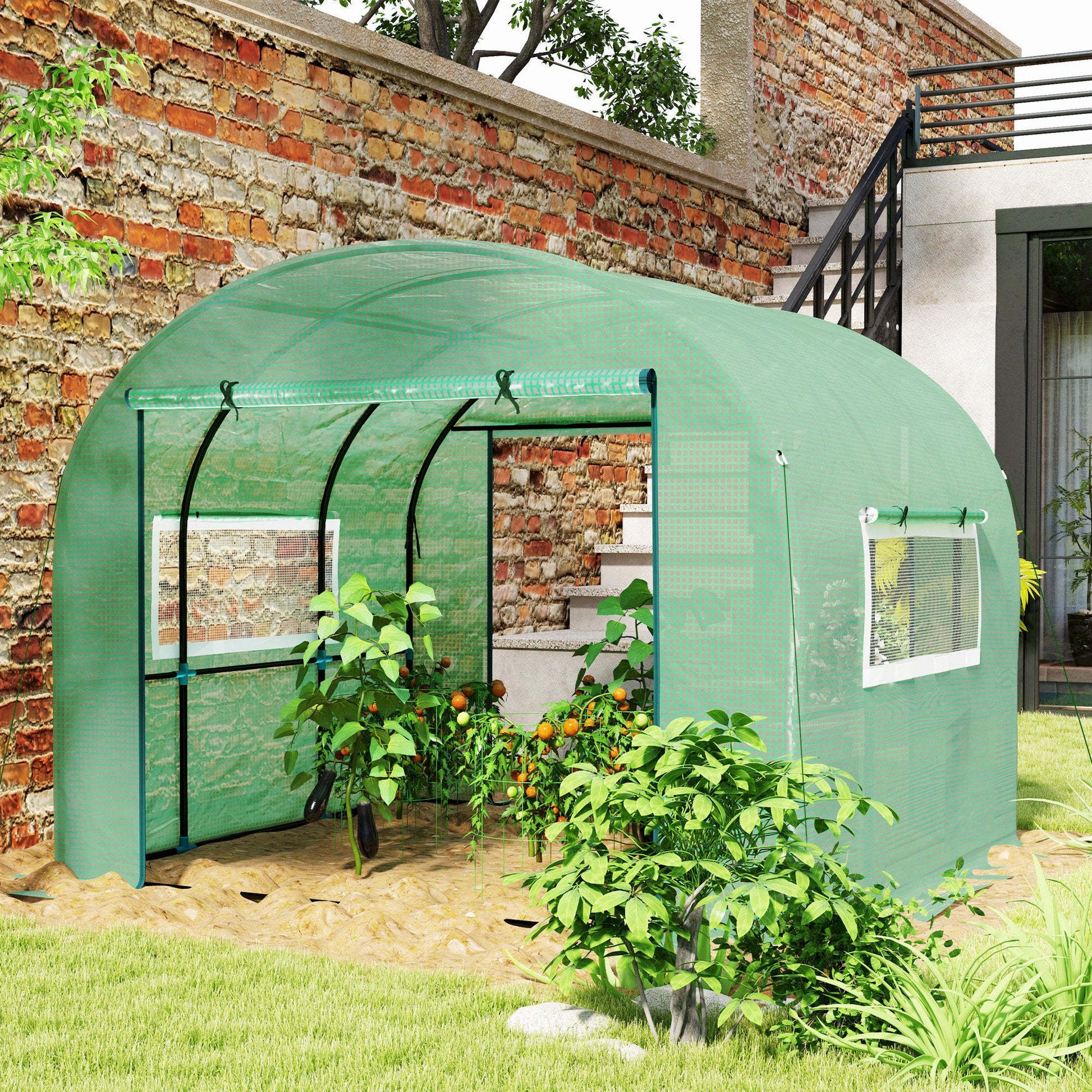 3 x 3 x 2m Polytunnel Greenhouse with Doors and Mesh Windows, Walk-in Grow House Tent with UV-resistant PE Cover and Steel Frame, Green