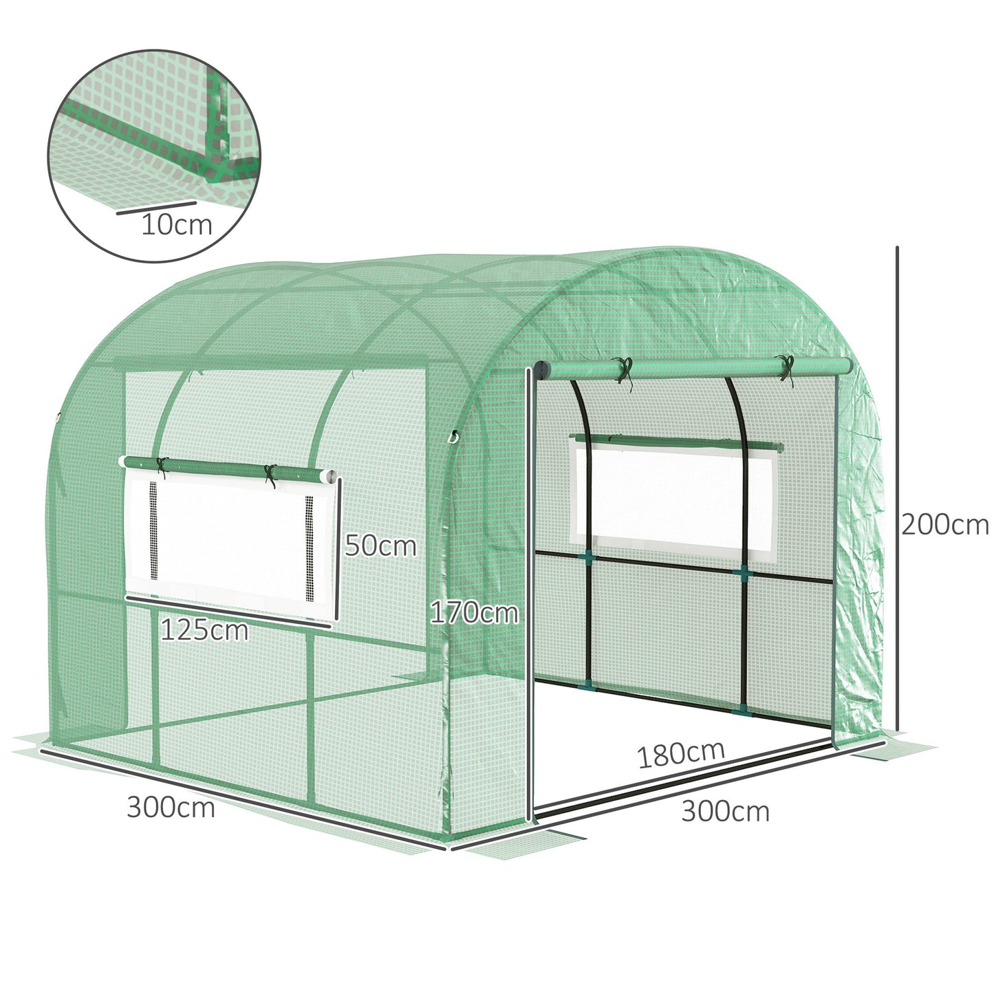 3 x 3 x 2m Polytunnel Greenhouse with Doors and Mesh Windows, Walk-in Grow House Tent with UV-resistant PE Cover and Steel Frame, Green
