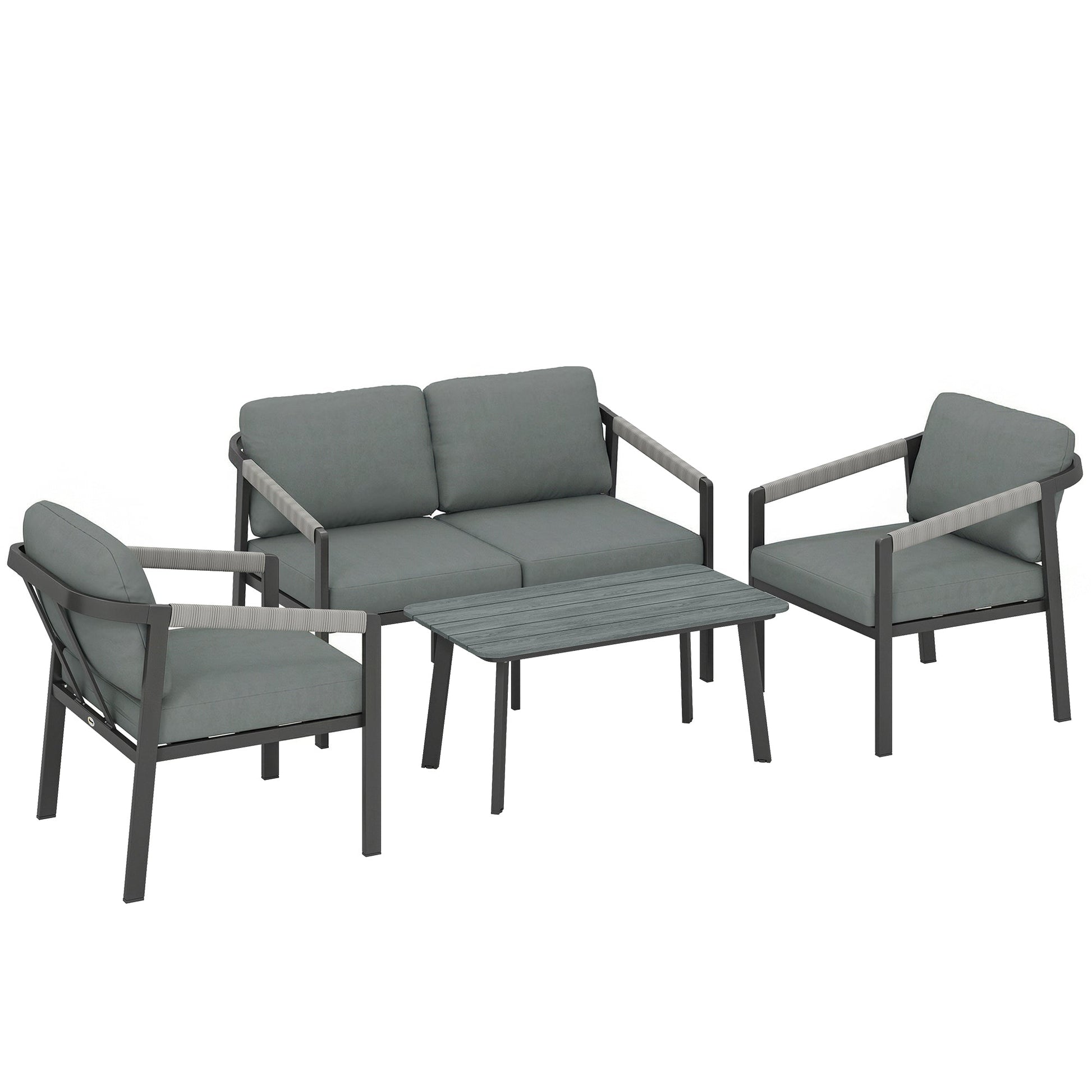 Aluminium Garden Furniture Set, 4 Seater Outdoor Patio Furniture with Loveseat, 2 Armchairs, Slatted Table, Outdoor Furniture Conversation Set with Thick Cushions, Black
