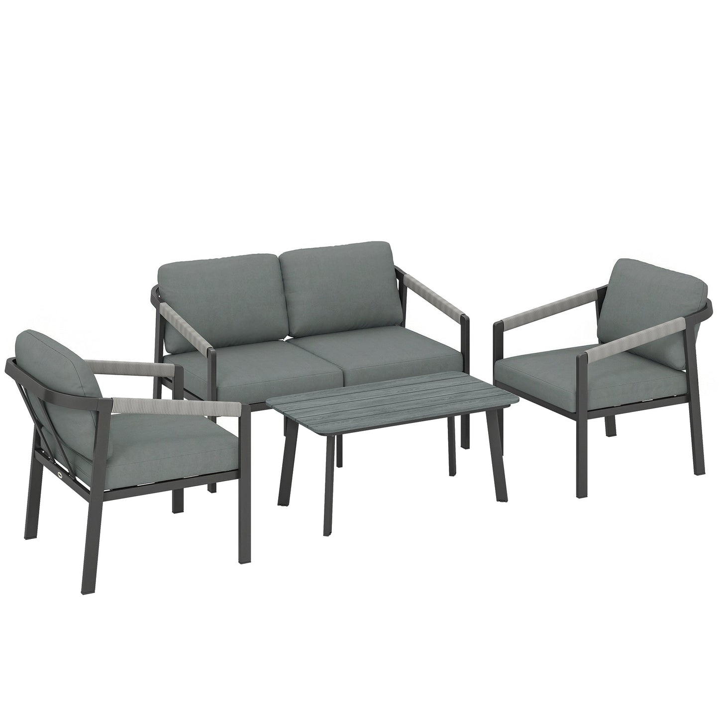 Aluminium Garden Furniture Set, 4 Seater Outdoor Patio Furniture with Loveseat, 2 Armchairs, Slatted Table, Outdoor Furniture Conversation Set with Thick Cushions, Black